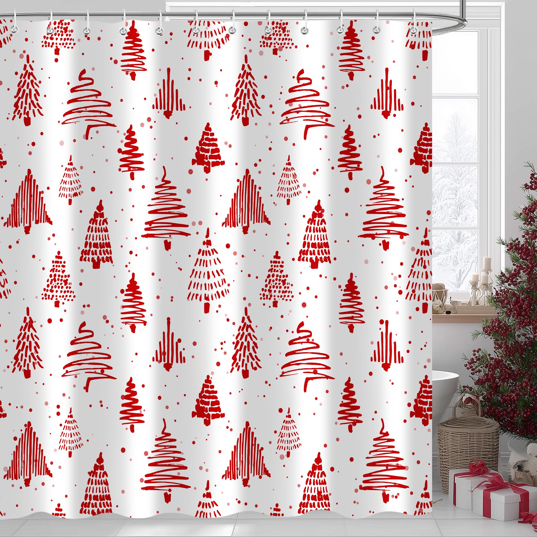 Emwnodti Red Christmas Tree Shower Curtain，White Merry Xmas Bathroom Shower Curtain Sets，Cute New Year Holiday Decor Polyester Fabric Bathroom