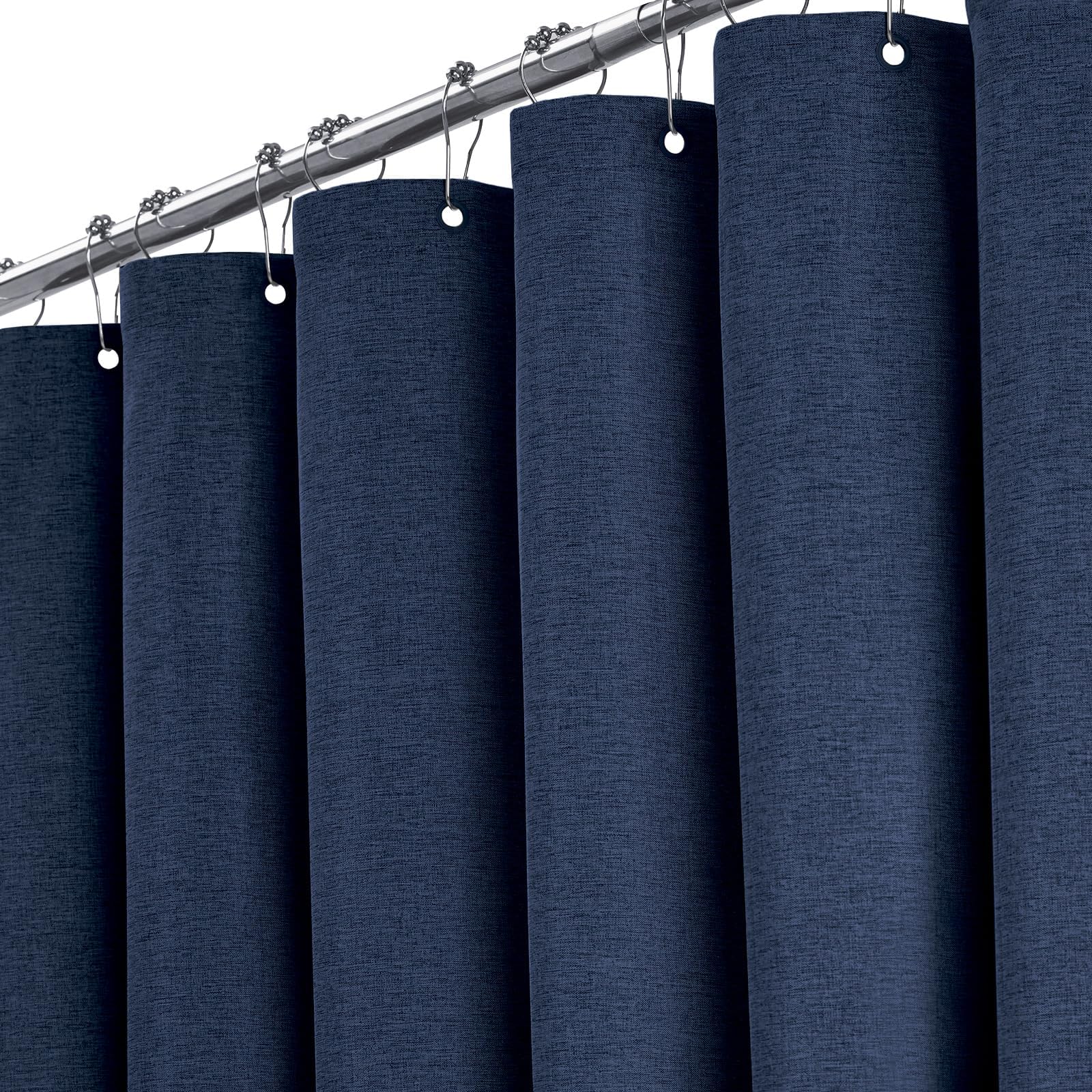 BTTN 92 x 182cm Navy Blue Linen Look Shower Curtain, Narrow Mildew Resistant Fabric Shower Curtain Set with 6 Plastic Hooks, Weighted Hem, Durable and Washable, Modern Thick Polyester for Bathroom