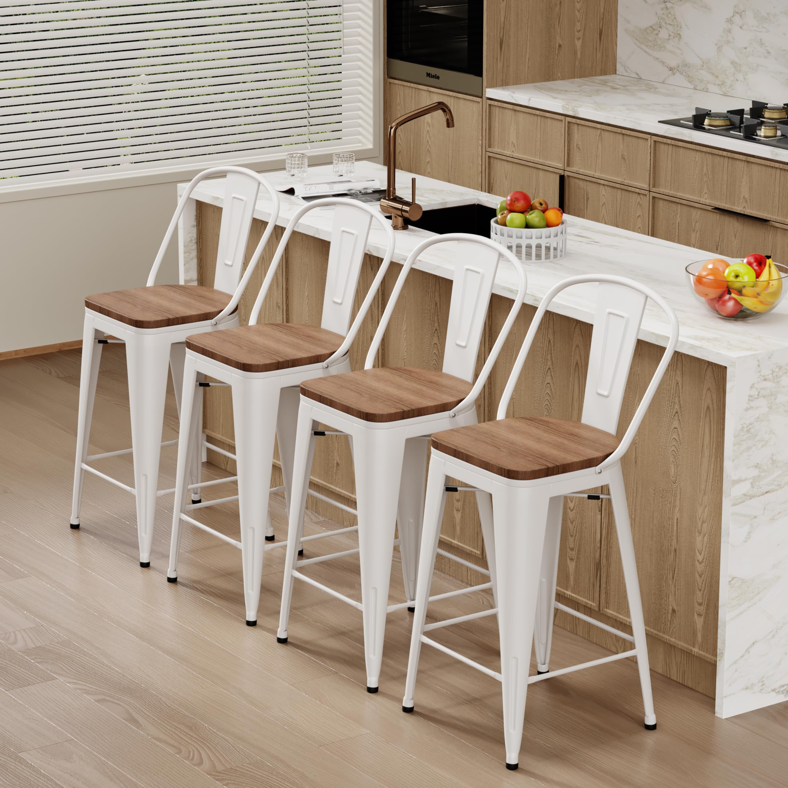 Changjie Furniture 30 Inches Metal Barstools Set of 4 Counter Height Bar Stools Industrial Stools with Backs High Back Chairs for Kitchen Island (30 Inch, White)