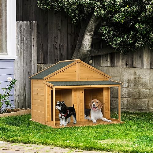 Miniatura 2 de PawHut Wooden Dog House Outdoor Duplex for 2 Medium or Small Dogs, Outdoor Double Dog House with Porch, 50" x 43" x 43"