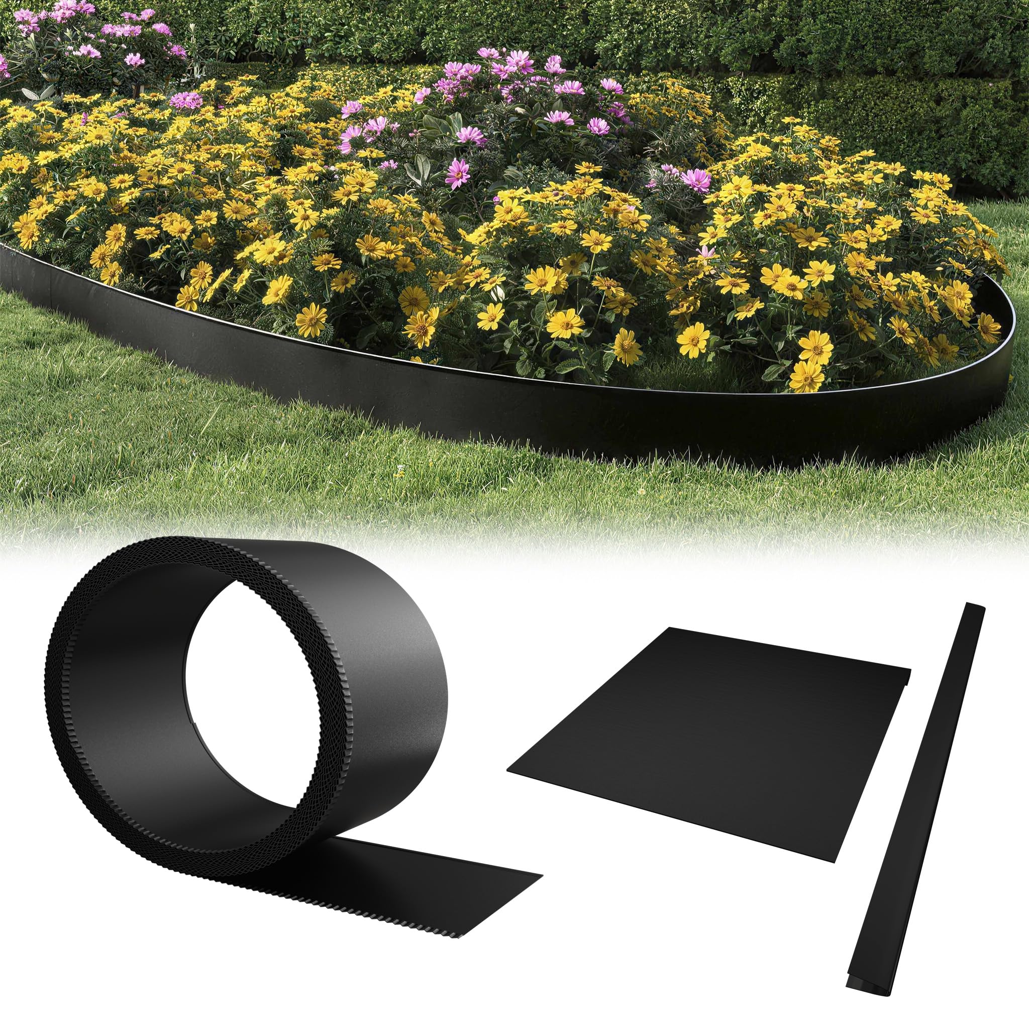 YZNAHRE 15 M x 15 CM Garden Edging Borders, Metal Lawn Edging, Weather Resistance Galvanised Lawn Sheets, Flexible Flower Bed Edging Kit for Yard, Flowerbeds, Grass, Black