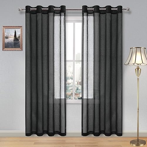 DWCN Black Sheer Curtains for Living Room - Grommet Top Semi Transparent Voile Drapes for Bedroom/Patio Door, 52 x 84 Inch Long,Set of 2 Window Curtain Panels