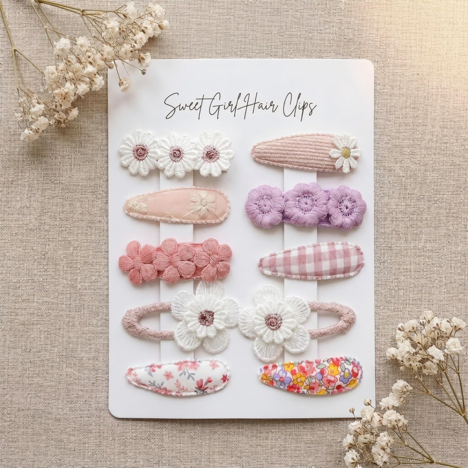 10 Pack Baby Hair Clips for Girls Toddler - Neutral Snap Hair Clips with Embroidery Daisy Flower, Handmade Kids Hair Accessories Barrettes for Baby Girl, Infant & School Age Children Gifts (Purple)