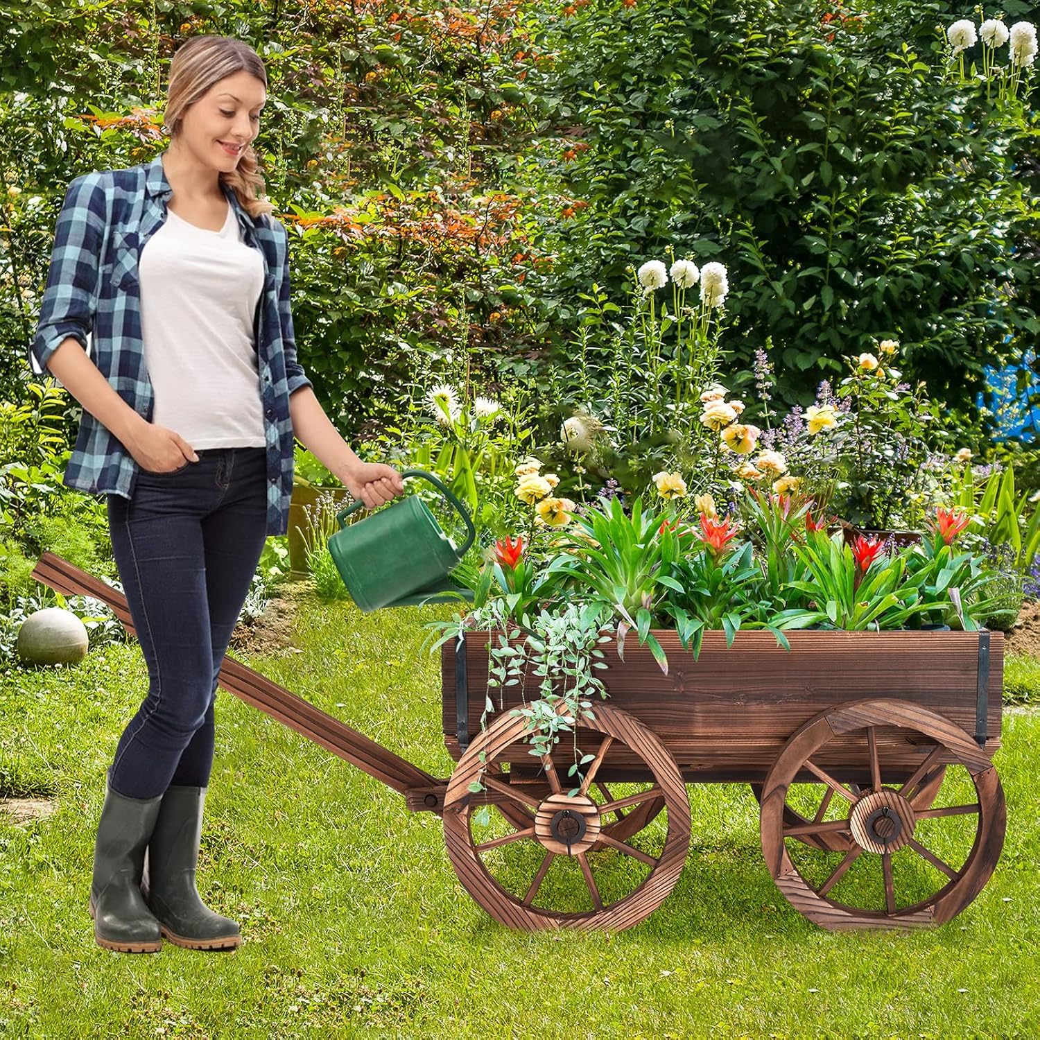 GOPLUS Blumenwagen Holz, Pflanzwagen mit 4 Rädern, Pflanzschubkarre mit Verstellbarer Griff, Pflanztopf Garten mit Ablauflöchern, Bollerwagen Schubkarre Blumenkarre Gartendeko Outdoor, 120x43x53,5 cm