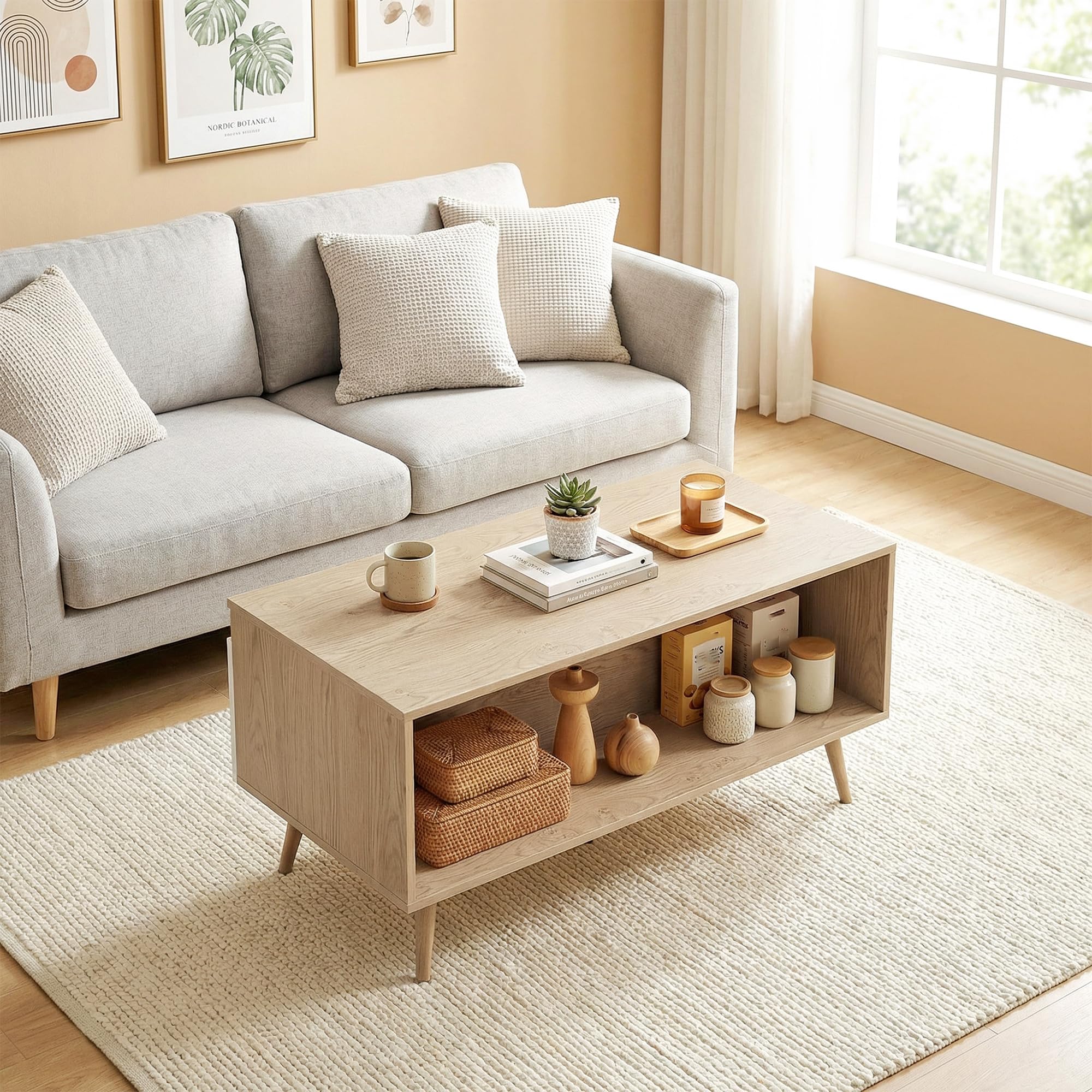 HOMCOM Mesa de Centro, Mesita Moderna con 2 Cajones 100x50x46cm Roble | Mesa Baja, Patas de Madera de Pino, para Sala de Estar, Dormitorio