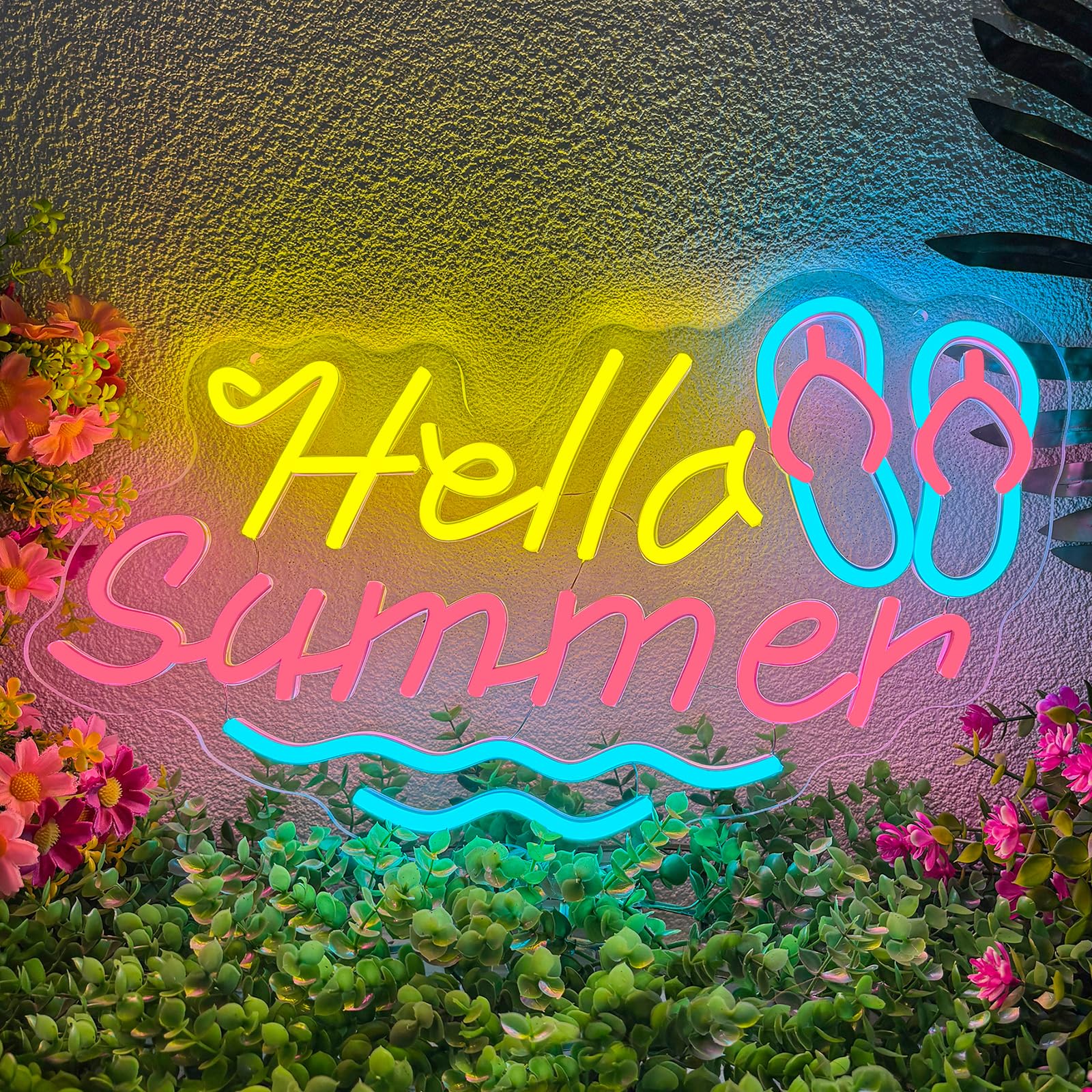 Hello Summer Neon Light Sign, Colorful LED Neon Sign with Waves and Flip-flop Design, USB Powered Dimmable Neon Light for Wall Decor, Summer Decorations for Bedroom, Living Room, Beach Party, Home Bar