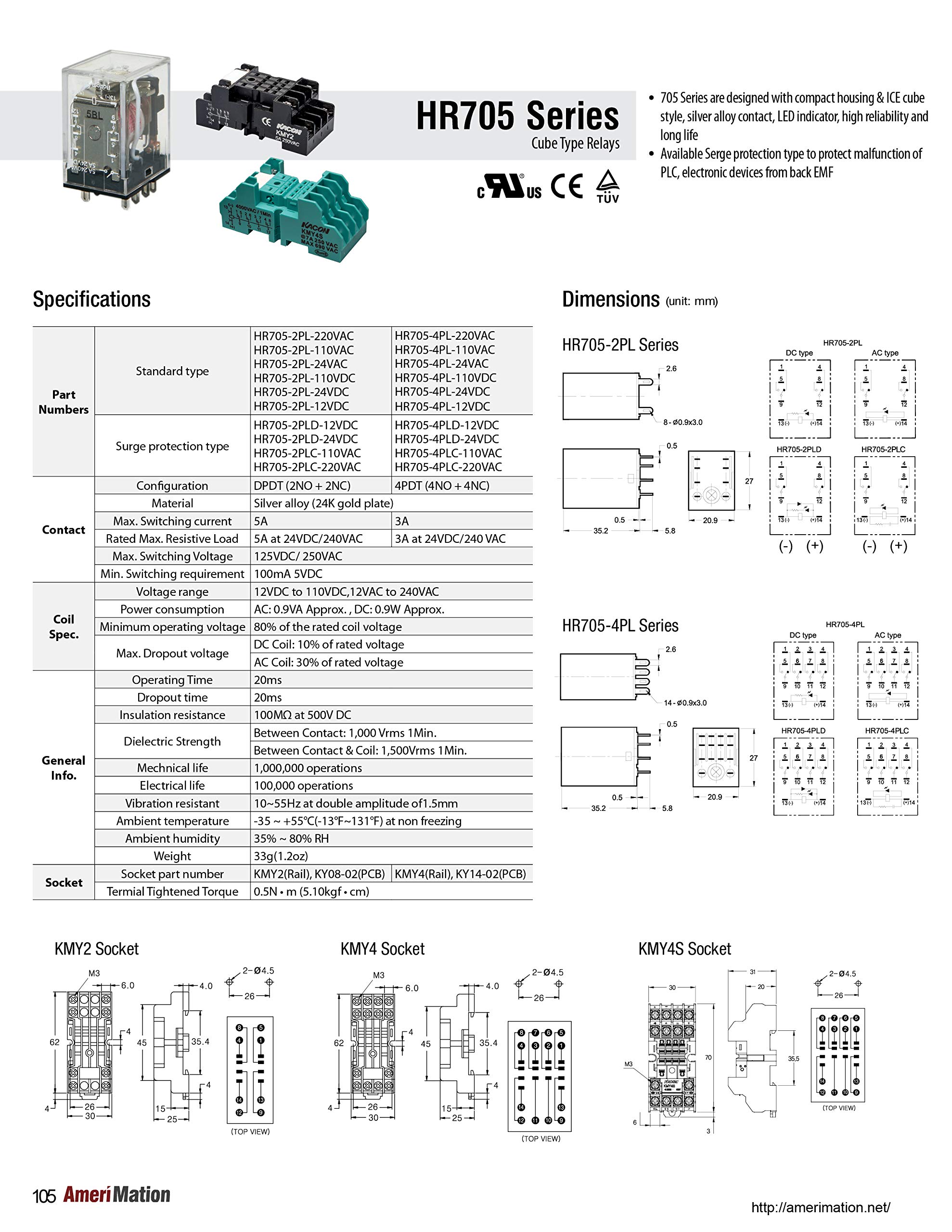 HR705-2PL-220VAC, Electro Mechanical Relay, Cube Type, 5A DPDT, 220VAC Coil Input, LED Indicator, (Socket req'd)