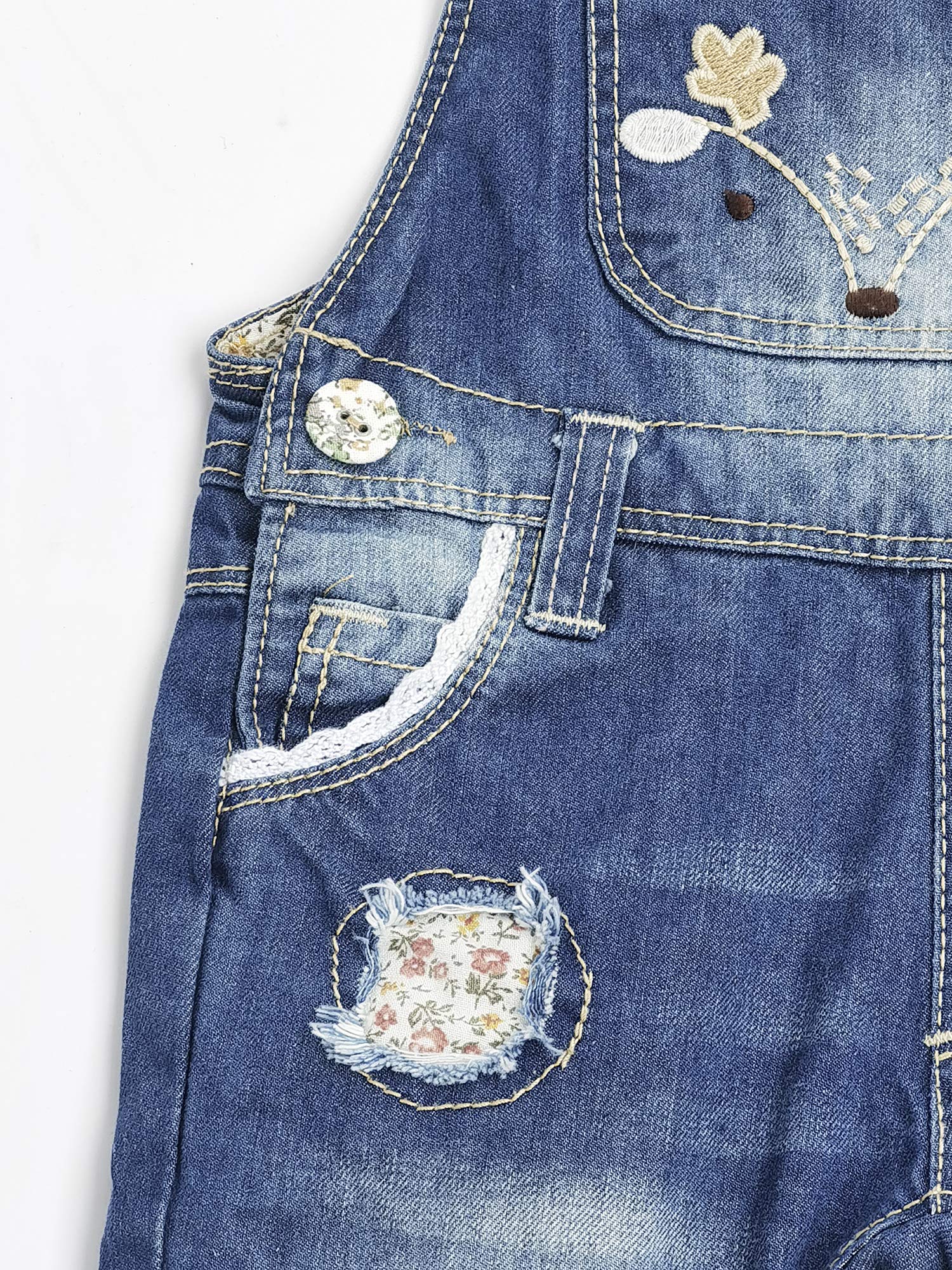 KIDSCOOL SPACE Bébé & Petites Filles Salopette en Denim De Coton Lavé Brodé De Fleurs