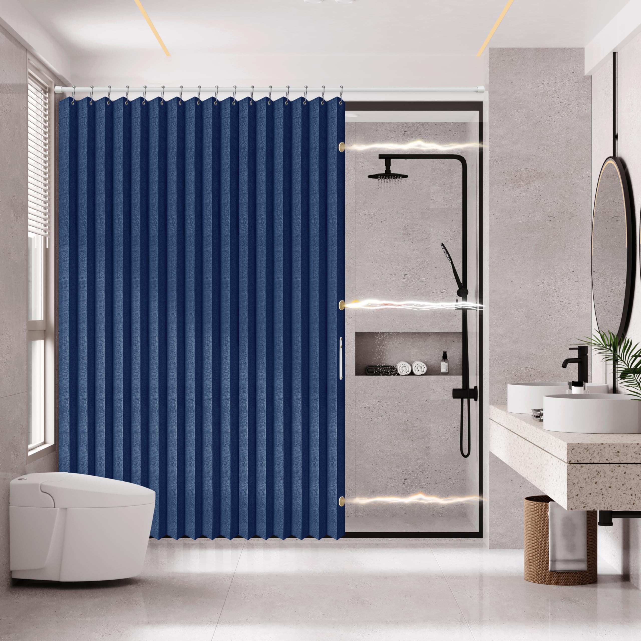 AJAZZ Magnetic Folding Shower Curtains Fabric Polyester Material Shower Curtain Hook Waterproof Shower Curtain Suitable For Family Hotel Homestay (Dark blue,77" W x 72" L) 1 Panel