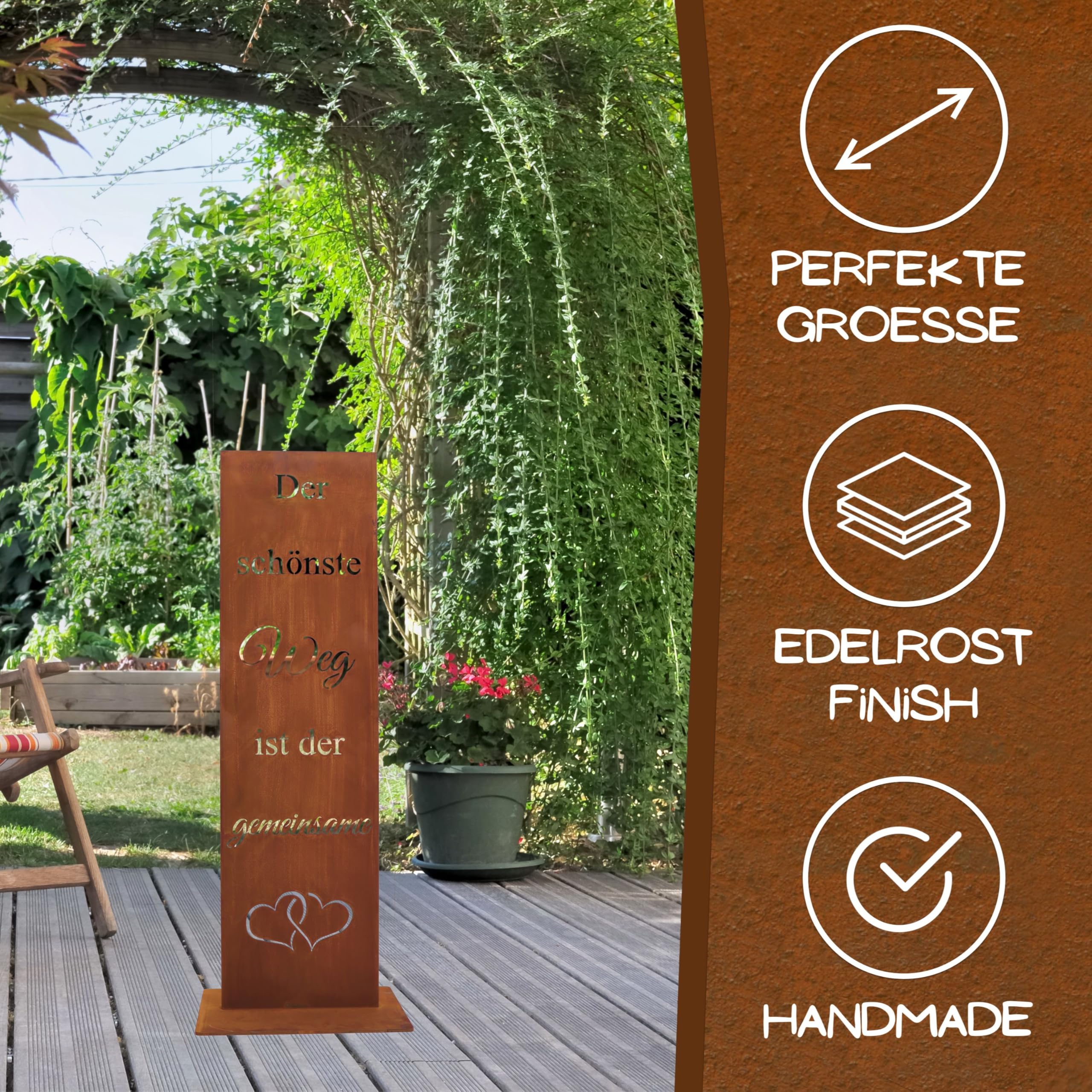 Rostikal Deko Gartenschild 55 cm – Wetterfestes Vintage Spruchschild für Hochzeit, Garten und Terrasse – Romantische Rost Deko und Geschenkidee - Handmade