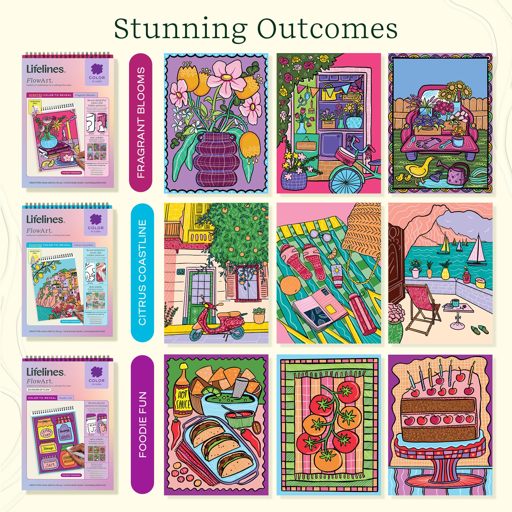 Lifelines FlowArt - Blocco per attività artistiche, 3 pezzi, libri da colorare per meditazione artistica guidata | 12 pennarelli bifacciali, 60 scene – meditazioni guidate a puntini per adolescenti, adulti e anziani – in attesa di brevetto
