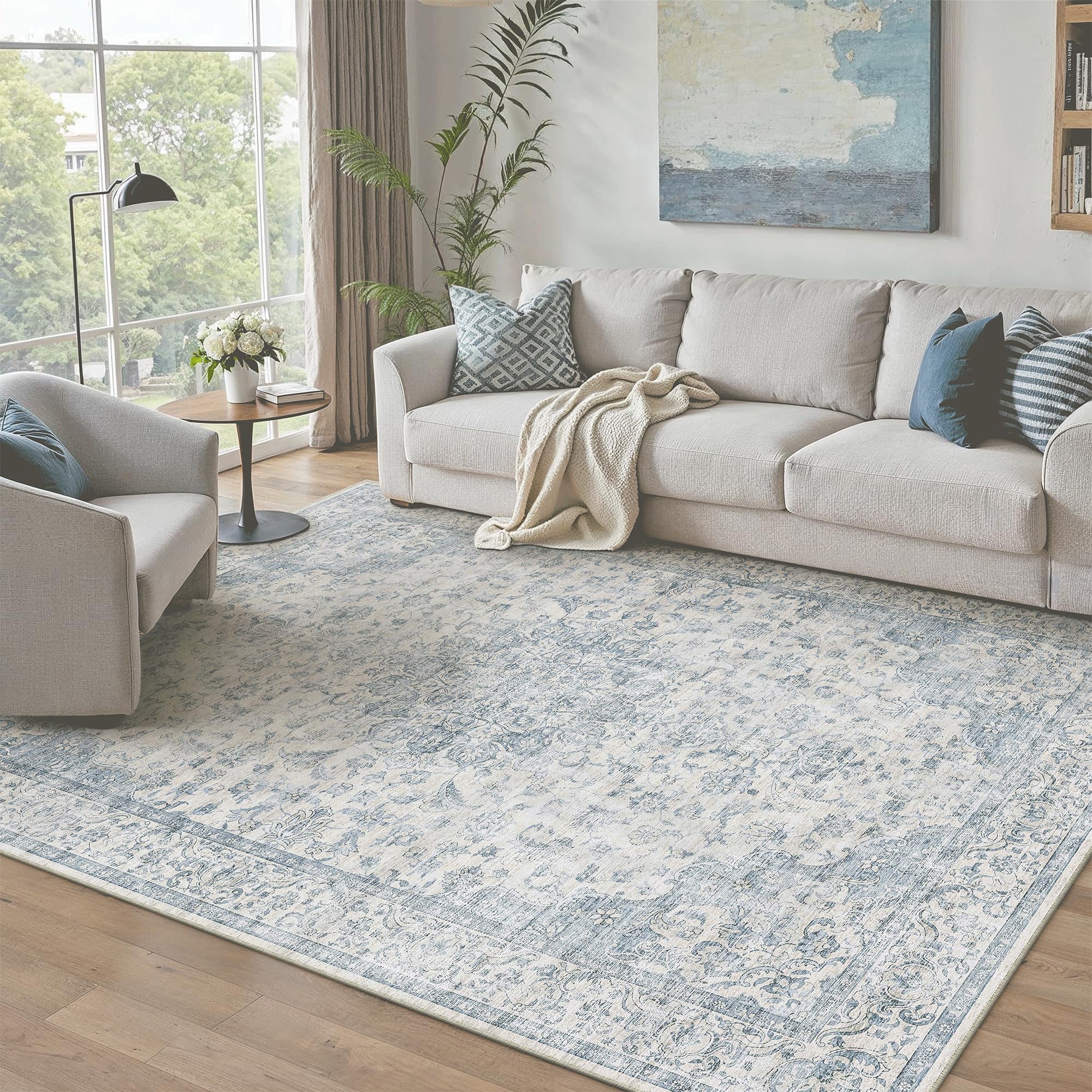 PureCozy 4x5 Washable Small Area Rug Neutral Blue Vintage Floral — image 1