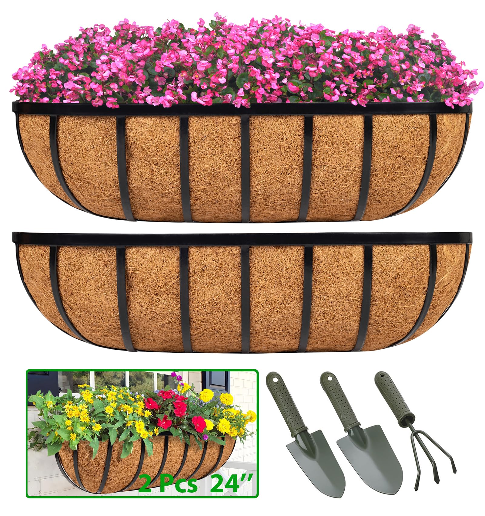 LCHUANG Railing Planter Window Box - 2 Pack 24 Inch Deck Balcony Rail Planter with Coconut Coir Liner, Fence Metal Hanging Flower Planter Basket Deck Railing Planter Boxes for Outdoor Garden