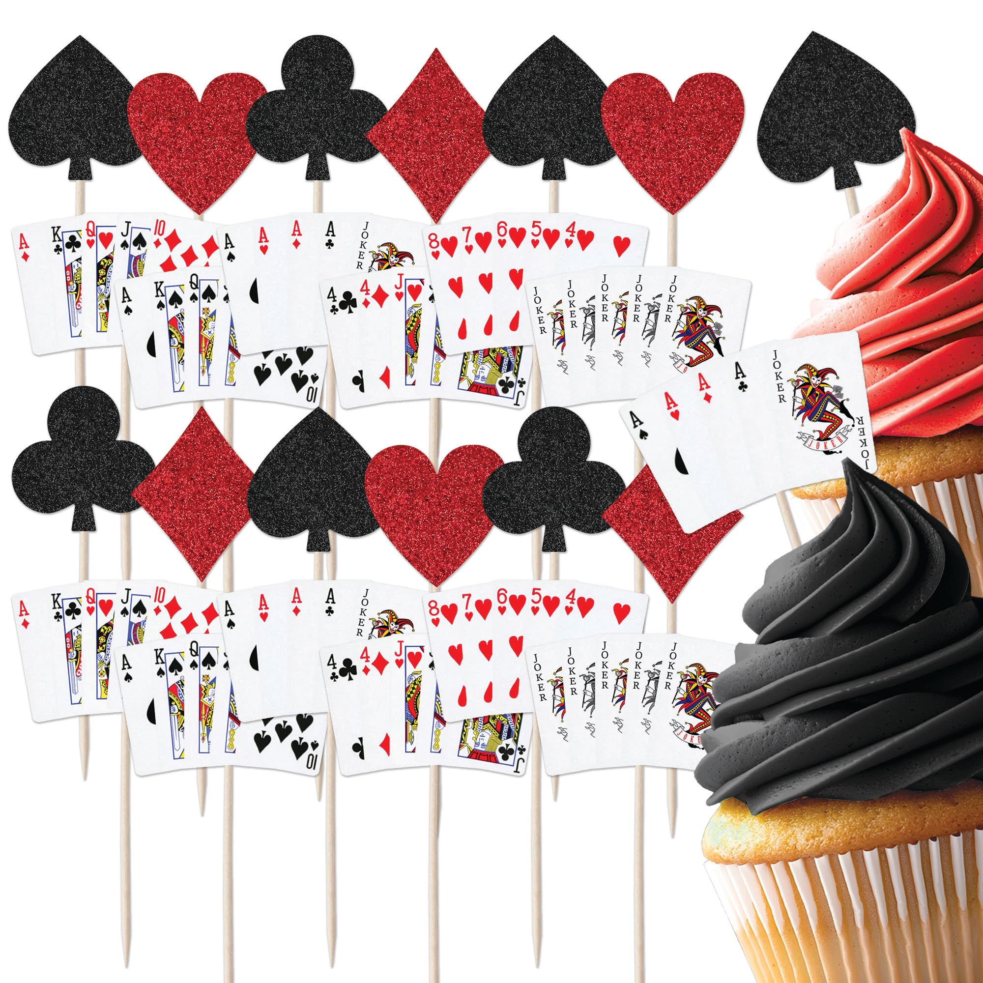 Playing Cards & Glitter Card Suits Cupcake Toppers - 24-Piece Party Decoration Set