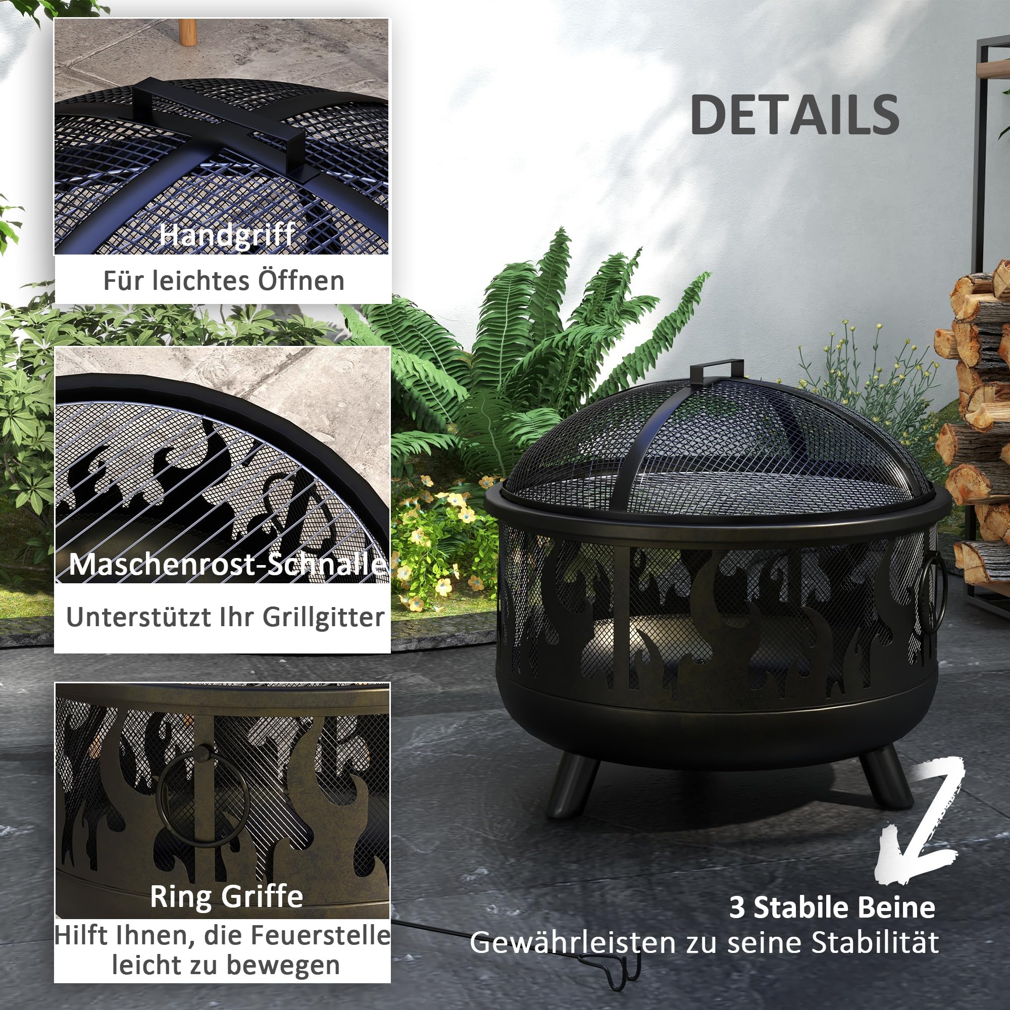 Outsunny Palenisko 2 w 1, koksownik z ochroną przed iskrami, ruszt do grillowania do ogrodu, BBQ, metalowy, czarny, Ø 61 x 55 cm