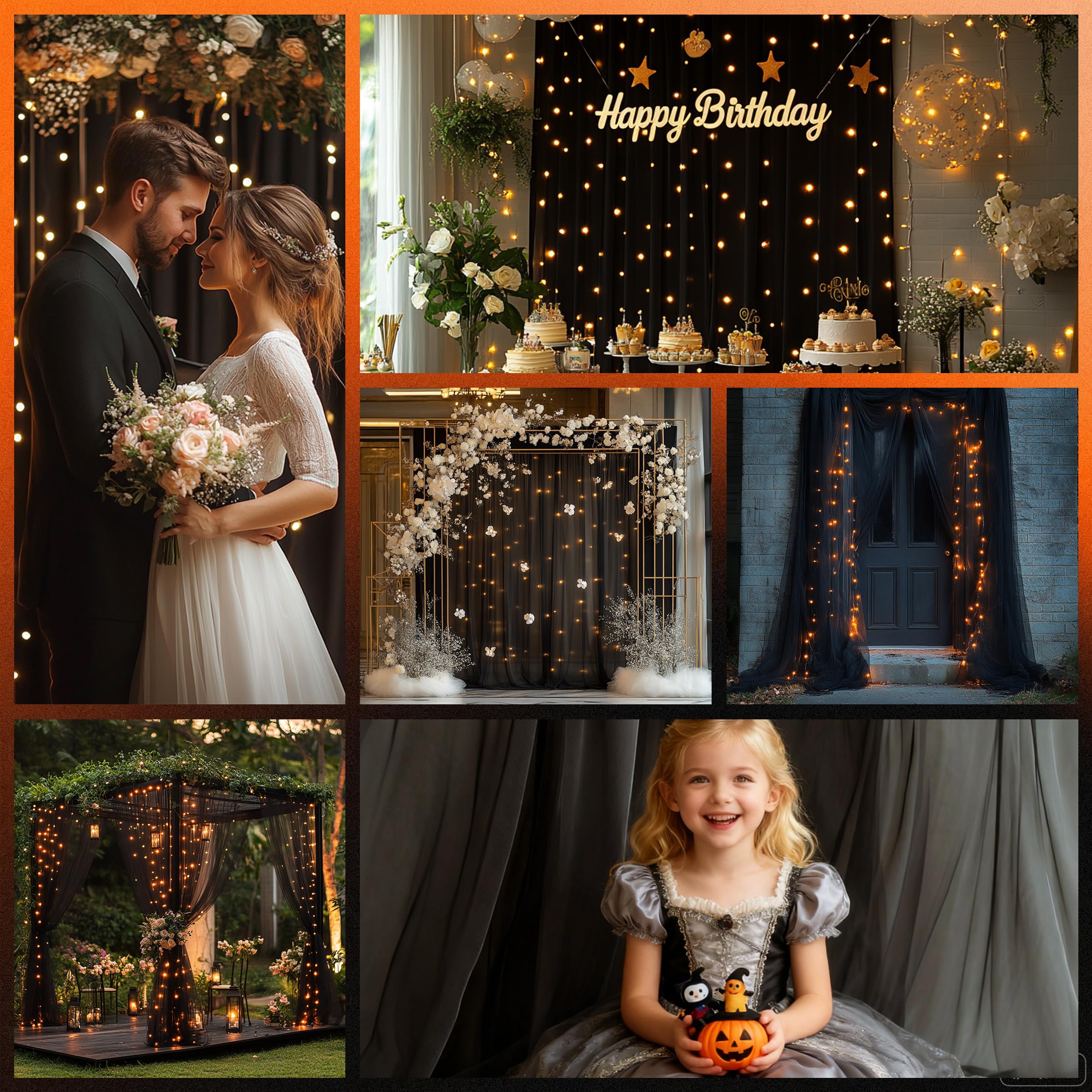 Rideau en tulle avec guirlandes lumineuses pour fêtes, rideaux transparents infroissables pour mariage, Halloween, fête prénatale, fête prénuptiale, anniversaire, danse, décoration d'intérieur