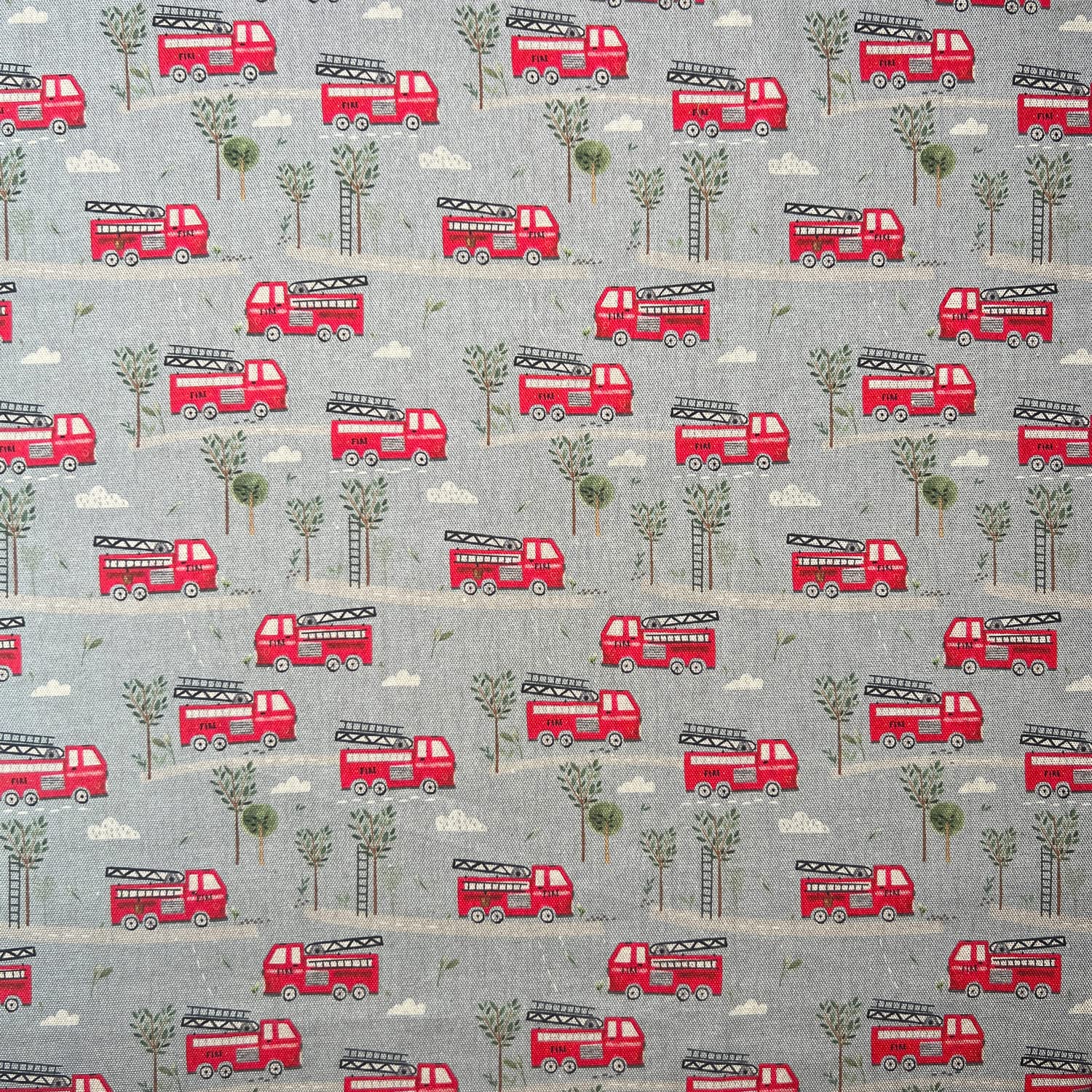 Children's Cotton Canvas Fabric - Fire Engines on Grey - Craft Fabric Material Metre