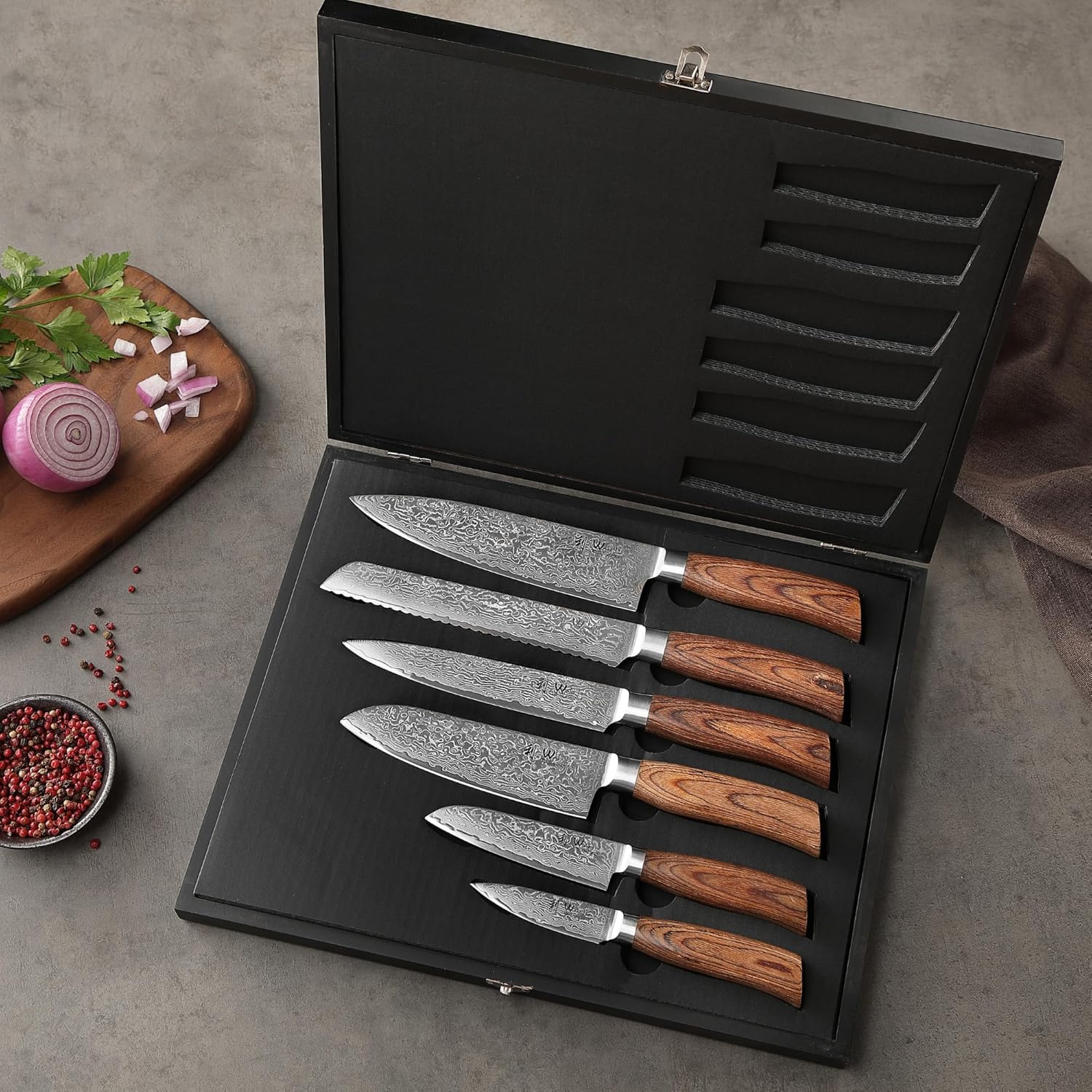 Wakoli EDIB Pro 6-Piece Damascus Knife Set – Professional Chef Knives Set with VG10 Core Blades, 67-Layer Damascus Steel and Ergonomic Pakkawood Handles – Premium Kitchen Knives in Elegant Gift Box - Image 4