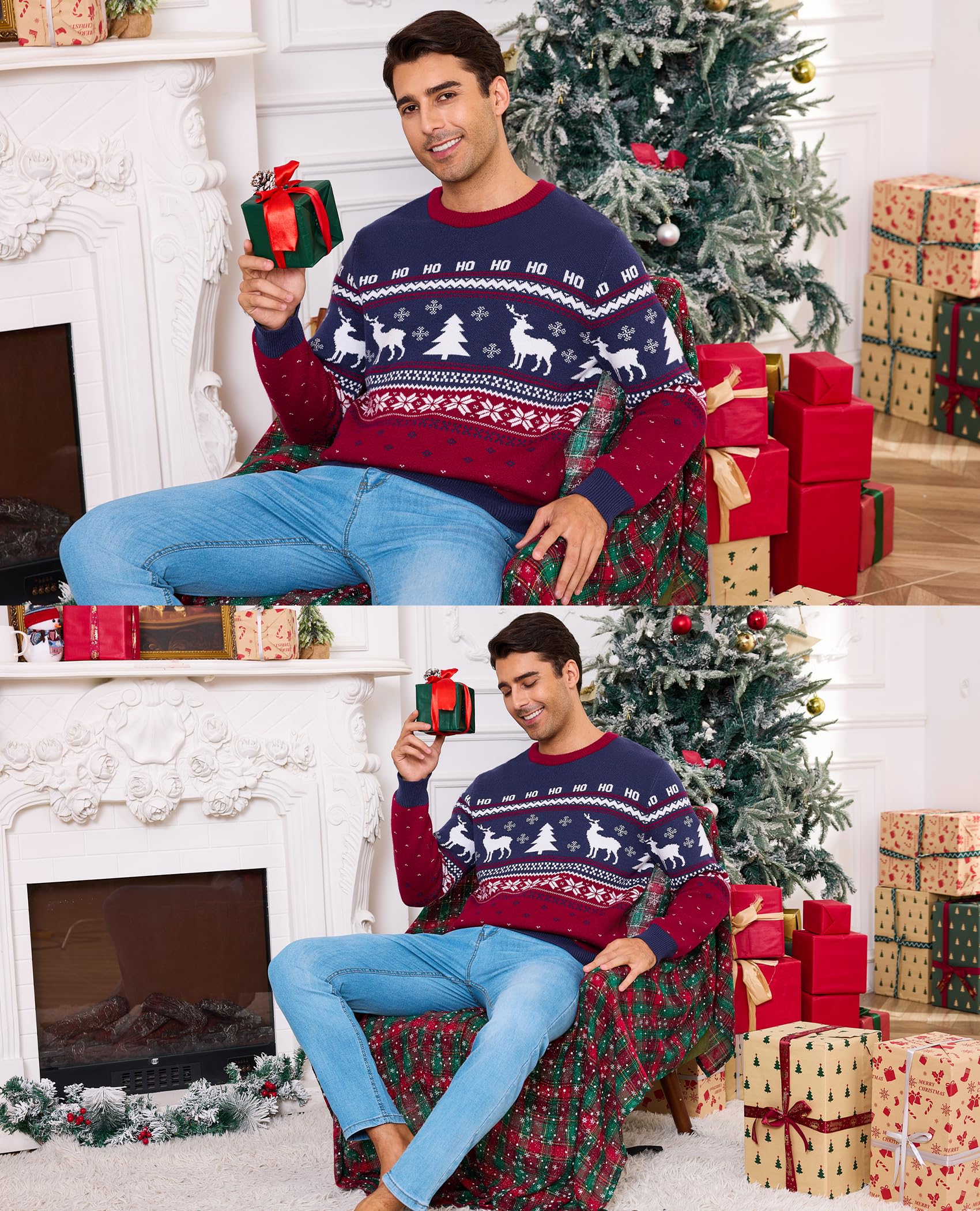 Jersey Navideño Cuello Redondo para Hombre Suéter de Manga Larga Cálido Reno Pullover de Punto Tallas S-XXL