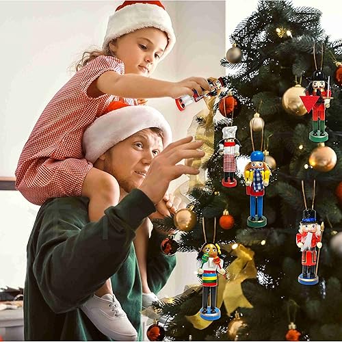 Miniatura 6 de Juego de 6 adornos de cascanueces de Navidad, figuras de cascanueces de madera pintadas de 5 pulgadas, cascanueces navideños, muñeca soldado,