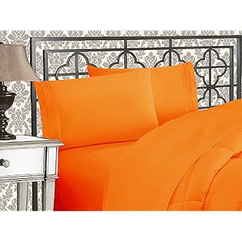 Elegant Comfort Luxurious 1500 Premium Hotel Quality Microfiber Three Line Embroidered Softest 4-Piece Bed Sheet Set, Wrinkle and Fade Resistant, Full, Orange