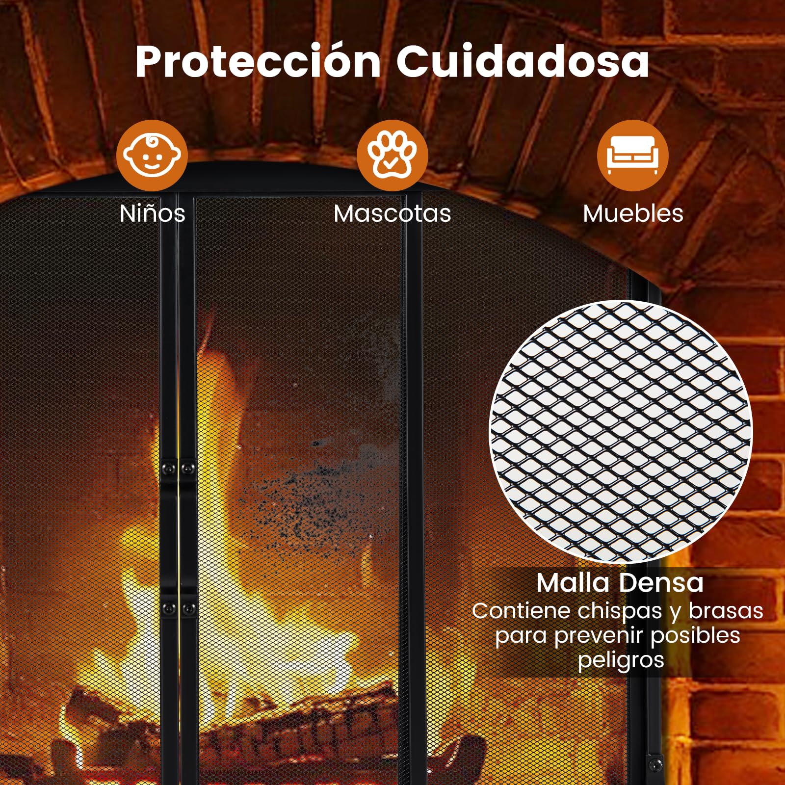 GOPLUS Pantalla para Chimenea de Metal, Mampara de Chimenea con 2 Puertas Corredizas y Manijas, Pantalla contra Chispas con Patas de Soporte Triangulares y Malla Metálica Densa (89 x 72cm)