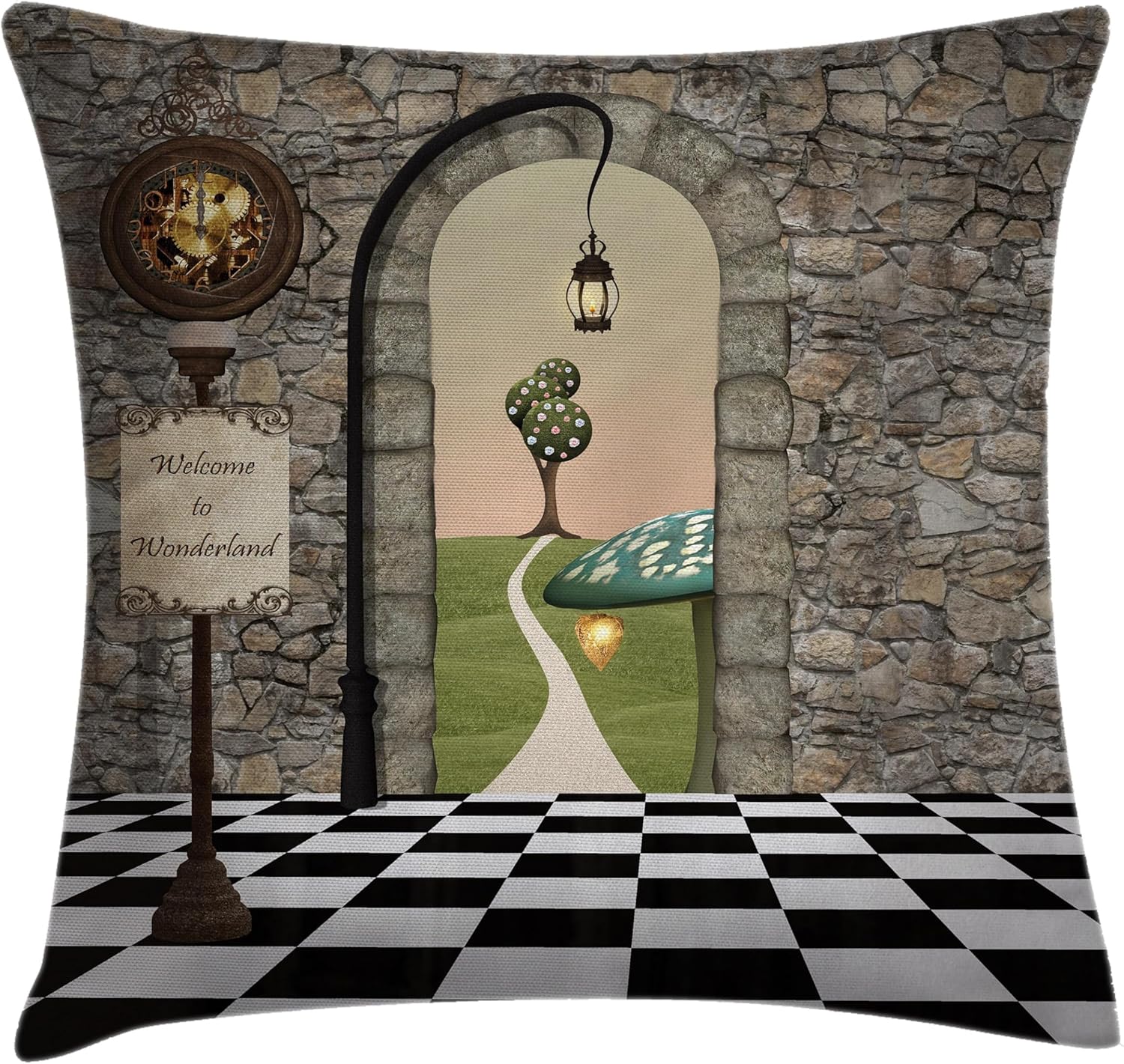 Ambesonne Alice in Wonderland Throw Pillow Cushion Cover, Welcome Wonderland Black and White Floor Landscape Mushroom Print, Decorative Square Accent Pillow Case, 40" X 40", Multicolor