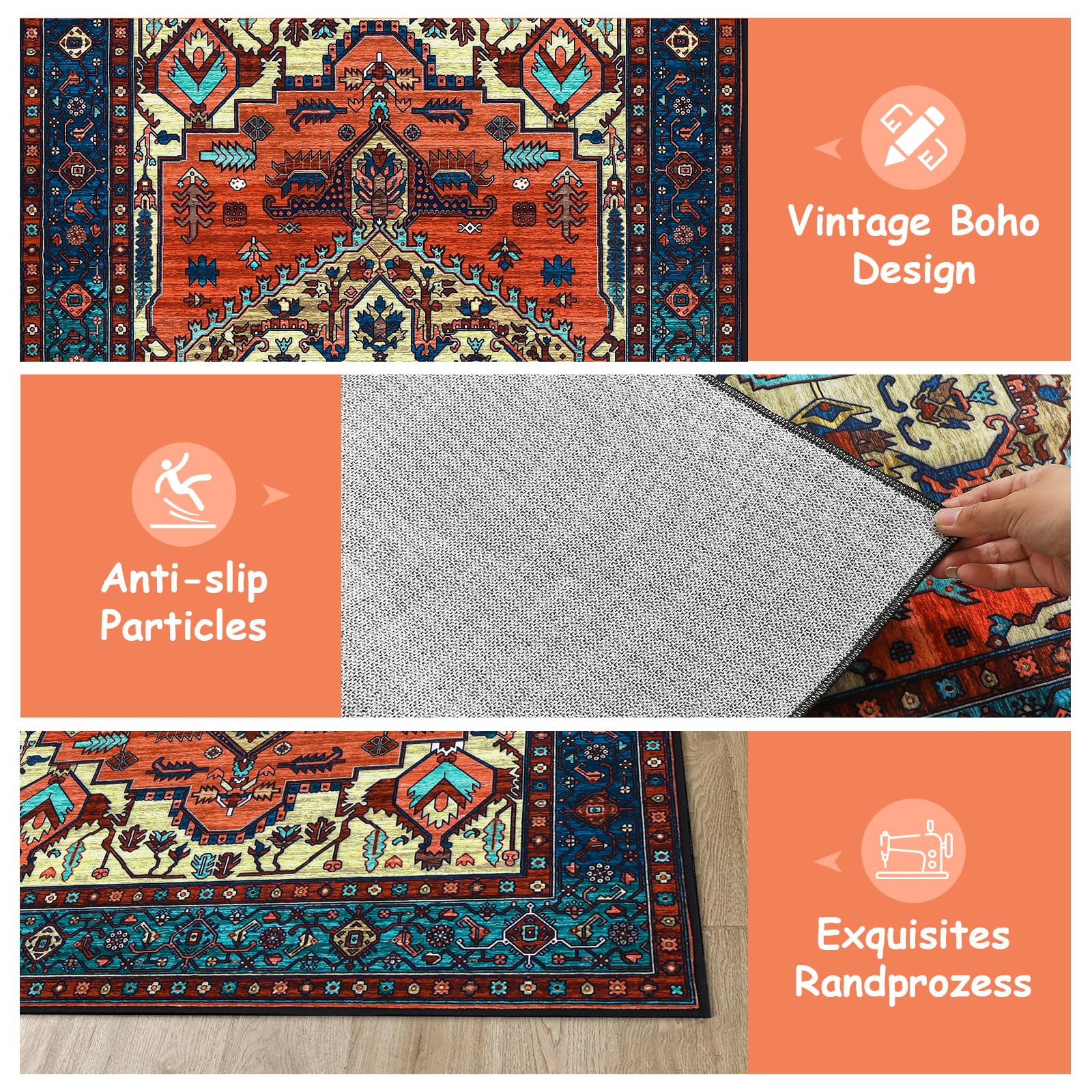 WONGS BEDDING Boho Teppich Wohnzimmer Schlafzimmer Kurzflor Teppiche Waschbar Weich rutschfest Vintage Design