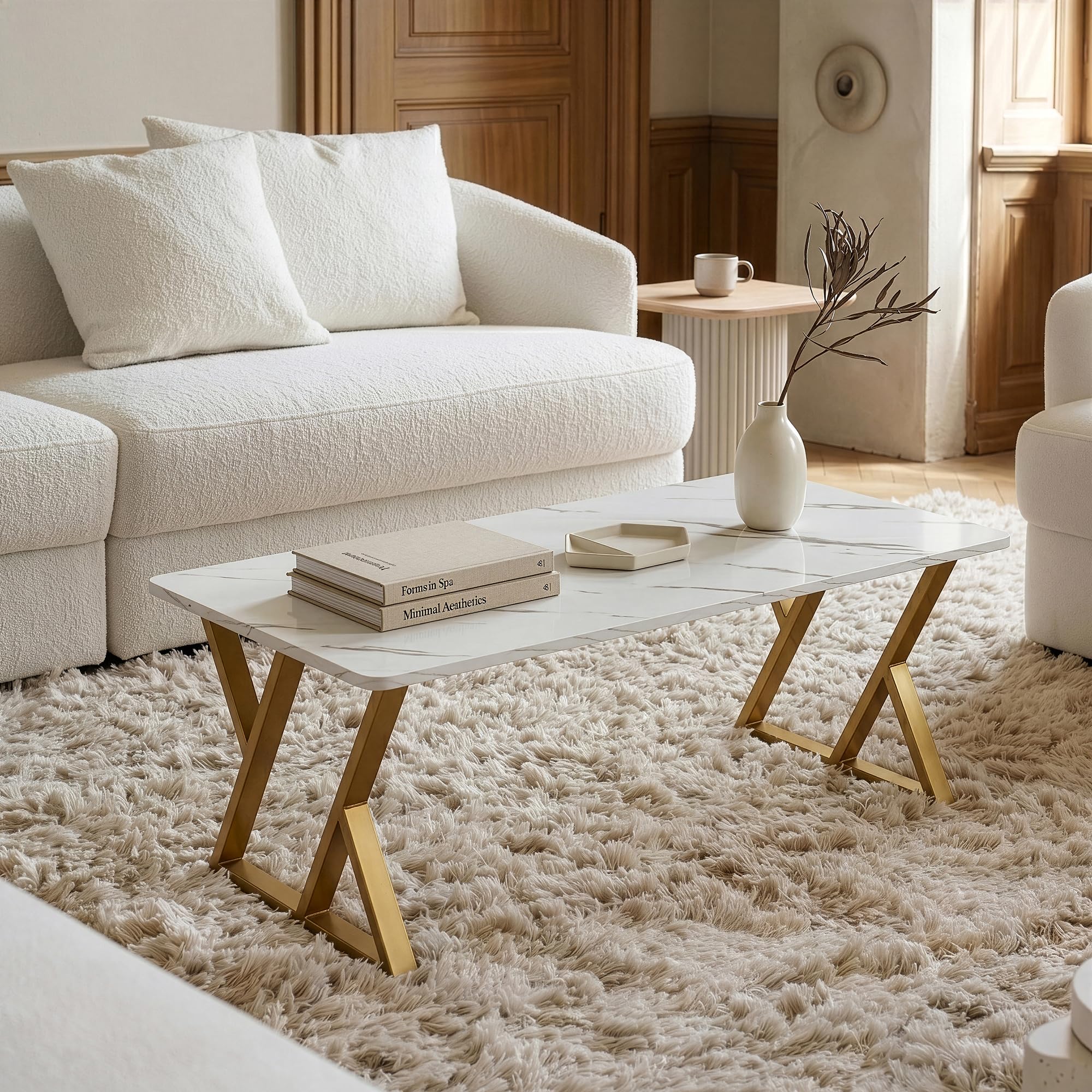 [en.casa] Couchtisch Nolu 120x60x46 cm rechteckig Gold/Marmoroptik, weiß | Beistelltisch, Wohnzimmertisch, Metallgestell, Sofatisch, Kaffeetisch