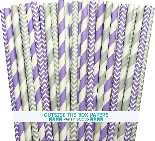 Outside the Box Papers Pajitas de papel LavandaLila y Rayas Plateadas y Chevron 7.75 pulgadas, paquete de 100 unidades, lila, blanco