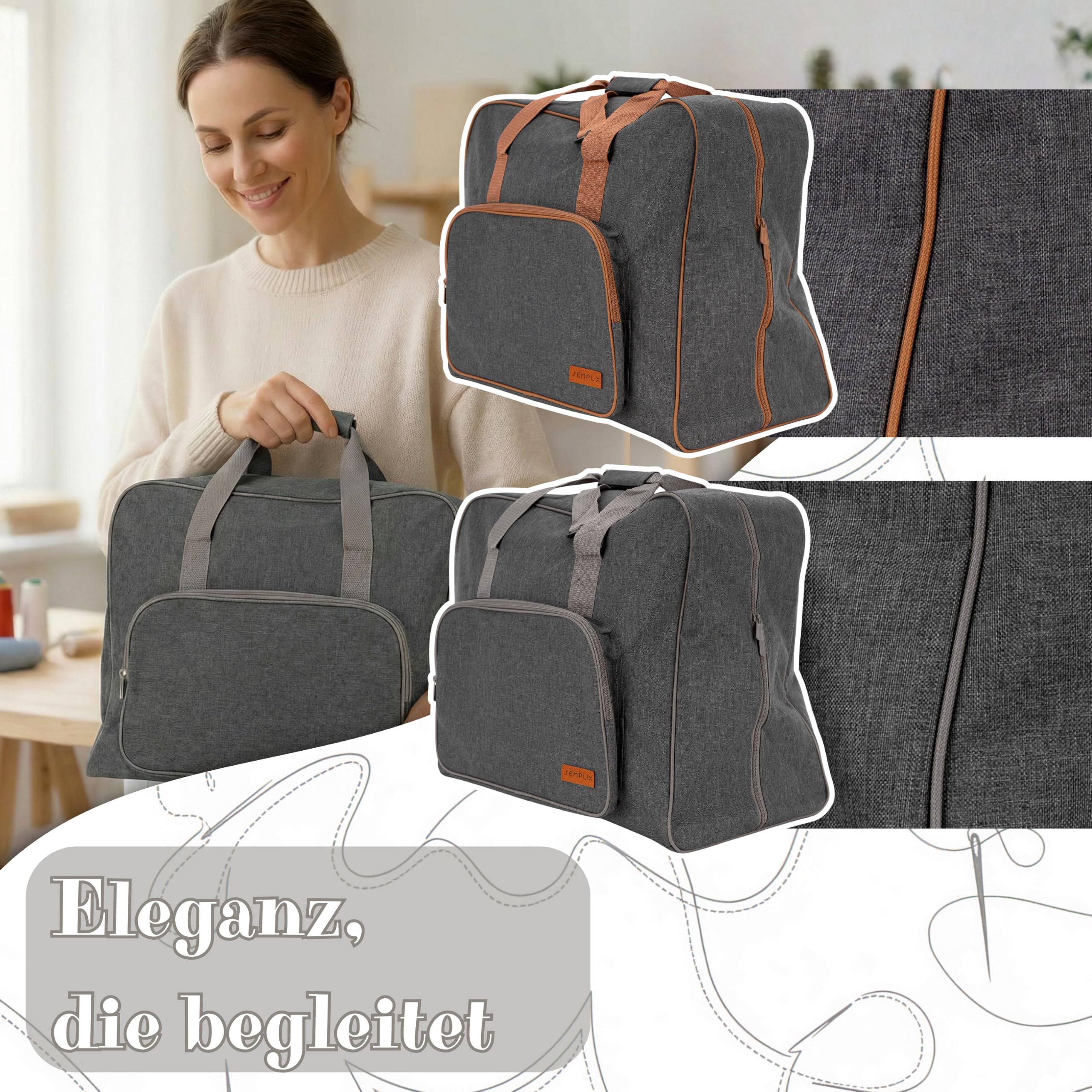 SEMPLIX Nähmaschinentasche XL – Große Transporttasche für Haushaltsnähmaschinen, Stabiler Boden, viel Stauraum, Tragegriffe anthrazit/braun (52 x 40 x 27 cm)