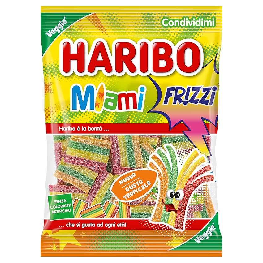 Haribo Miami Frizzi, Caramelle Gommose Veggie Frizzanti, Gusto Frutta, Ideali Per Feste E Dolci Momenti Di Relax - 175gr
