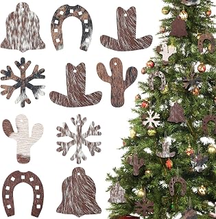 Syhood 20 Pcs Christmas Western Cowhide Ornament Cowboy Christmas Hanging Decoration Western Indoor Cowhide Ornaments for Xmas Tree Decoration (Elegant Style)