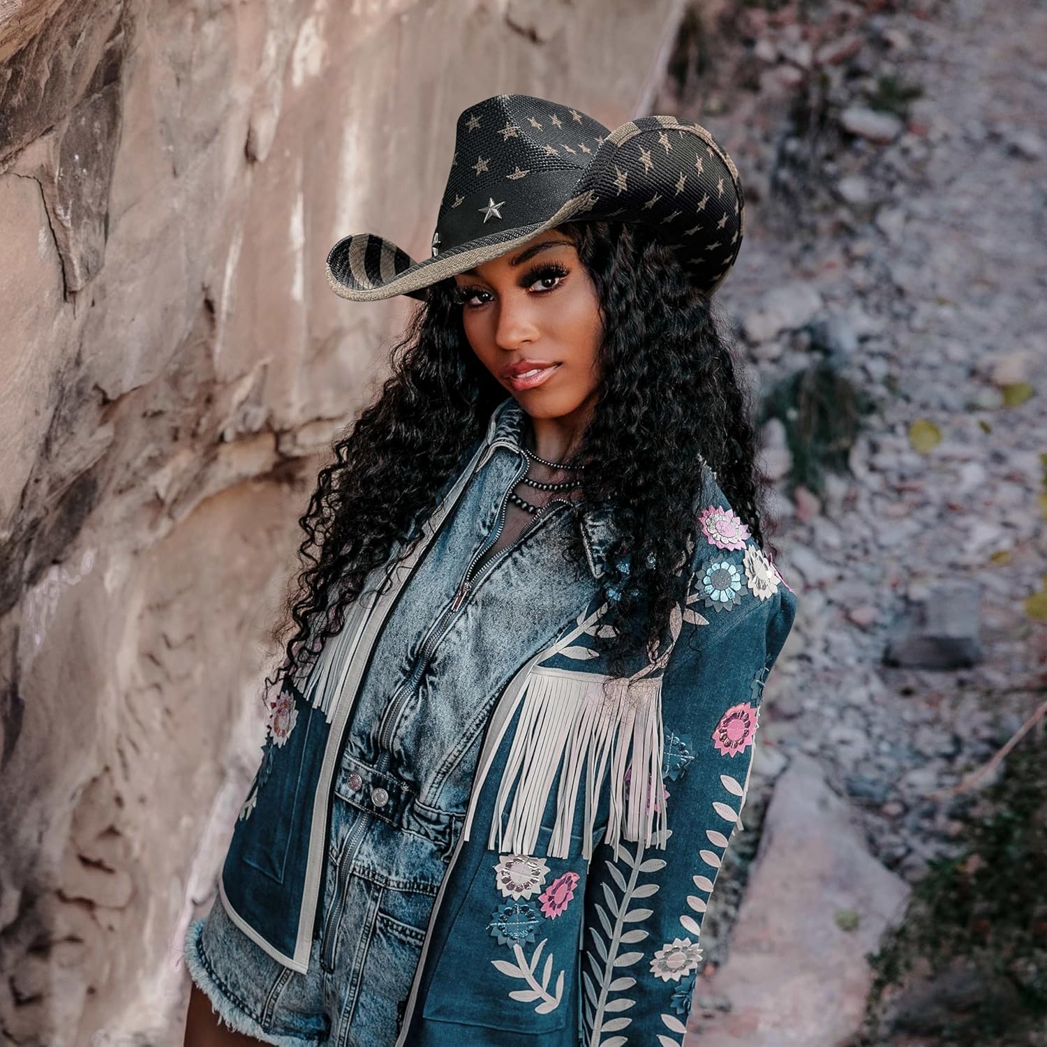 FLUFFY SENSE. Vintage USA American Flag Cowboy Hat Classic Tea Stained Patriotic Western Cowboy Cowgirl Hat with Shapable Brim, Vintage Black and White - Image 7