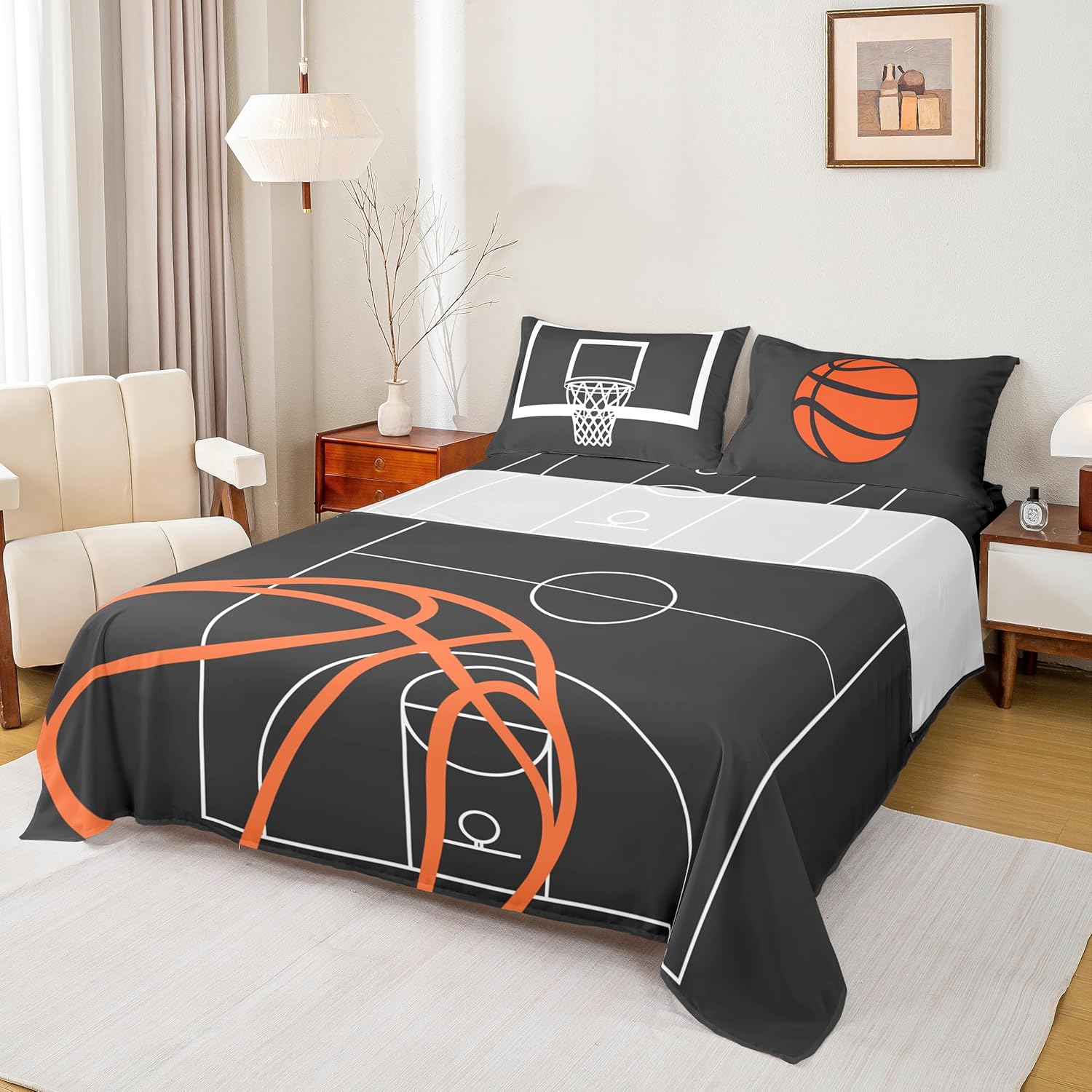 Kids Basketball Court Print Bed Sheet Set Queen Size,Ball Sports Games Themed Quality Brushed Polyester Luxury Bedding Set,Orange Basketball and Hoop Bedding (1 Fitted,1 Flat,2 Pillows),Soft Fabric
