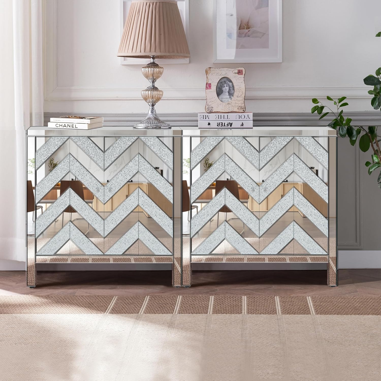 2-Door Mirrored Storage Cabinet, 31.5" Buffet Cabinet Sideboard with Mirror Trim and M-Shape Design Spliced Combination, 2 Tiers Modern TV Stand for Living Room Dining Room Entryway