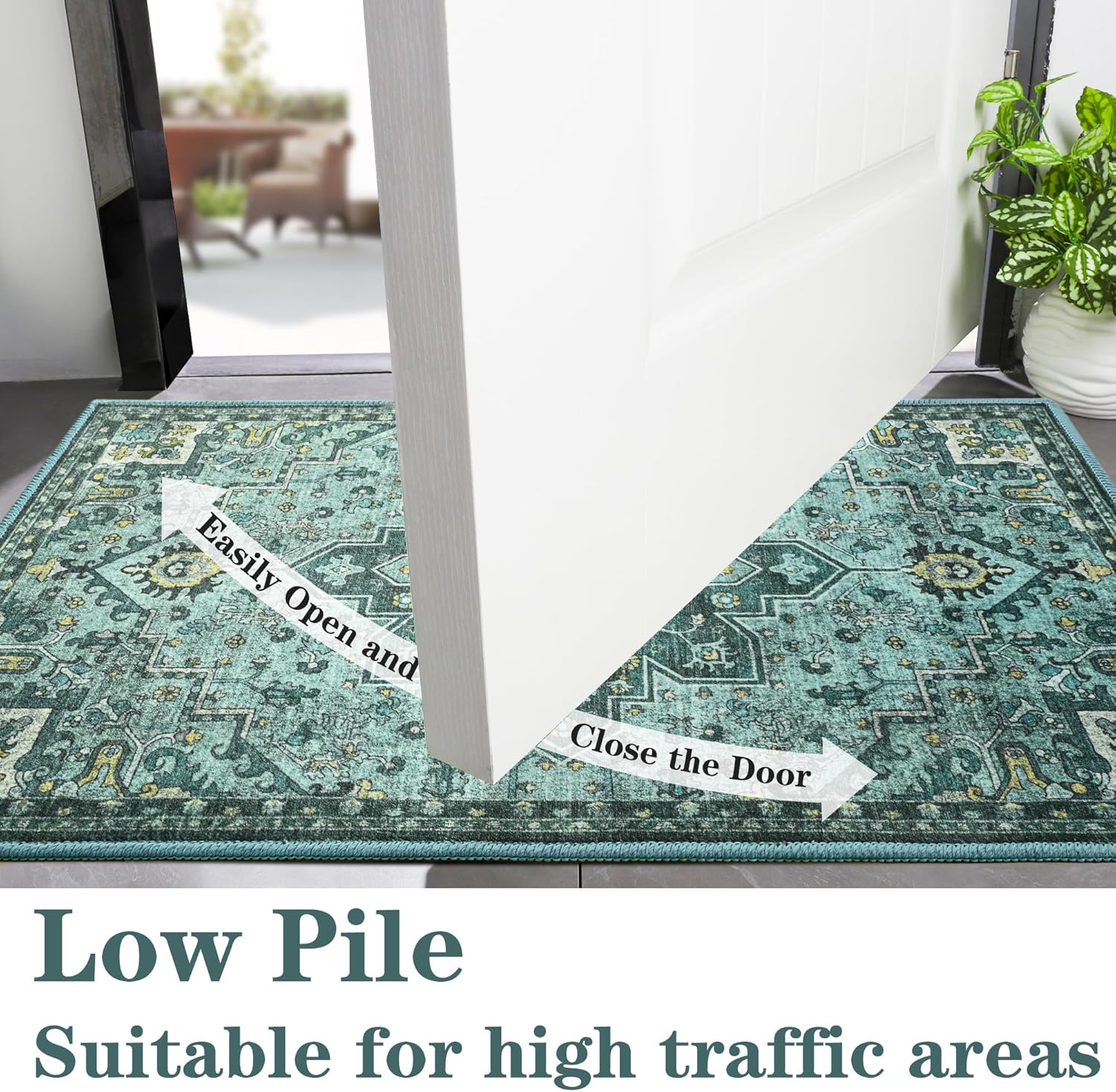 Foxmas Small Rugs for Entryway，2x3 Machine Washable Doormat Indoor Entrance Vintage Rug, Non-Slip Low Pile Throw Rugs for Entryway Bedroom Kitchen Living Room, Teal