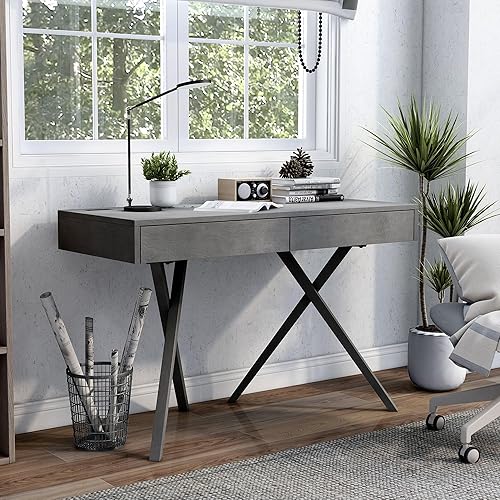 Miniatura 2 de 24/7 Shop at Home Idris Mid-Century - Escritorio moderno de madera con 2 cajones con puerto USB, toma de corriente para estación de trabajo, oficina