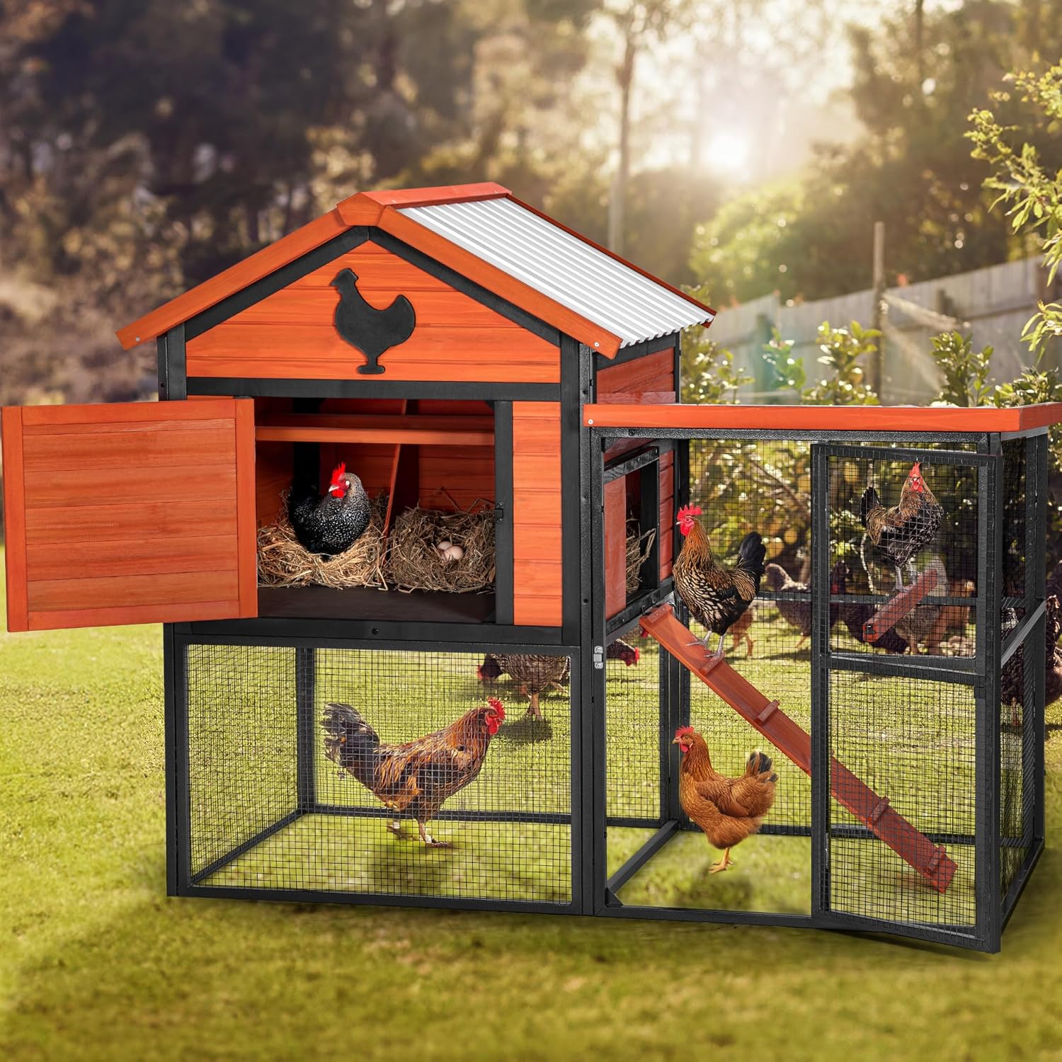 65" Outdoor Wooden Chicken Coop for 4-6 Chickens,Hen House Poultry Pet Hutch Run Cage with Built-in Nesting Box,Runway & Waterproof Roof,Walk in Chicken Coops Run W/Lockable Doors,Easy to Clean