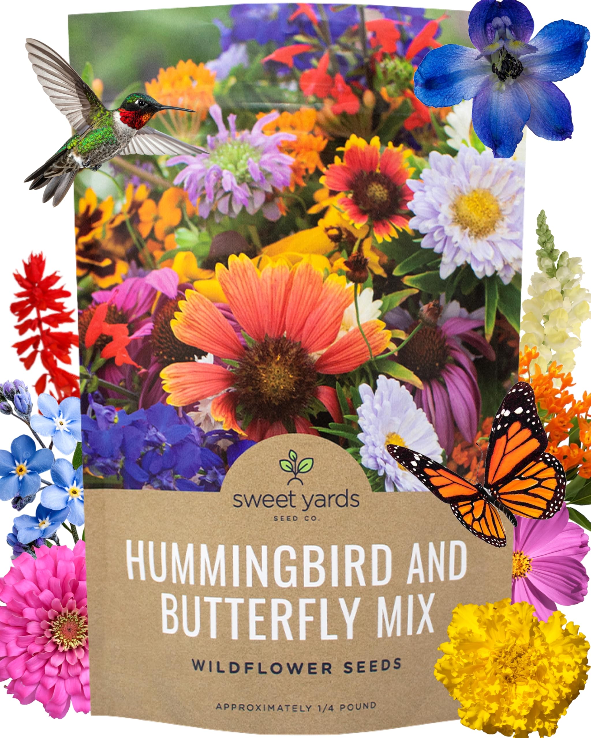 Bulk Wildflower Seeds Butterfly and Humming Bird Mix - 1/4 Pound Bag - Over 30,000 Open Pollinated Annual and Perennial Seeds