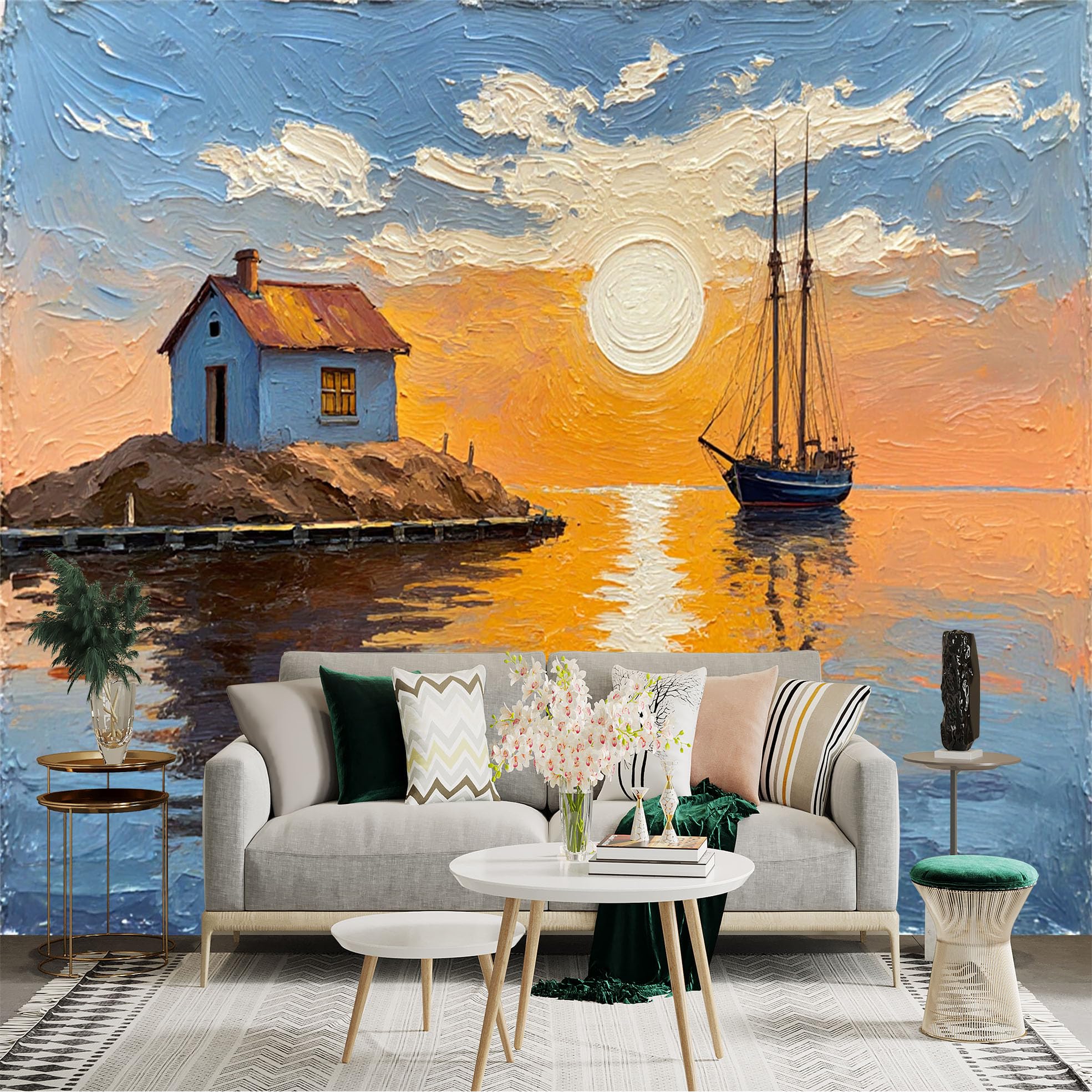 Lnzczhyre Xc260505327 Custom Size Wall Sticker Mural， Oil Painting Of Seascape With Sailboat， Cozy Cottage On Island， Golden Sunset Reflection， For Wall Decoration， Peelandstick Wall Decals.