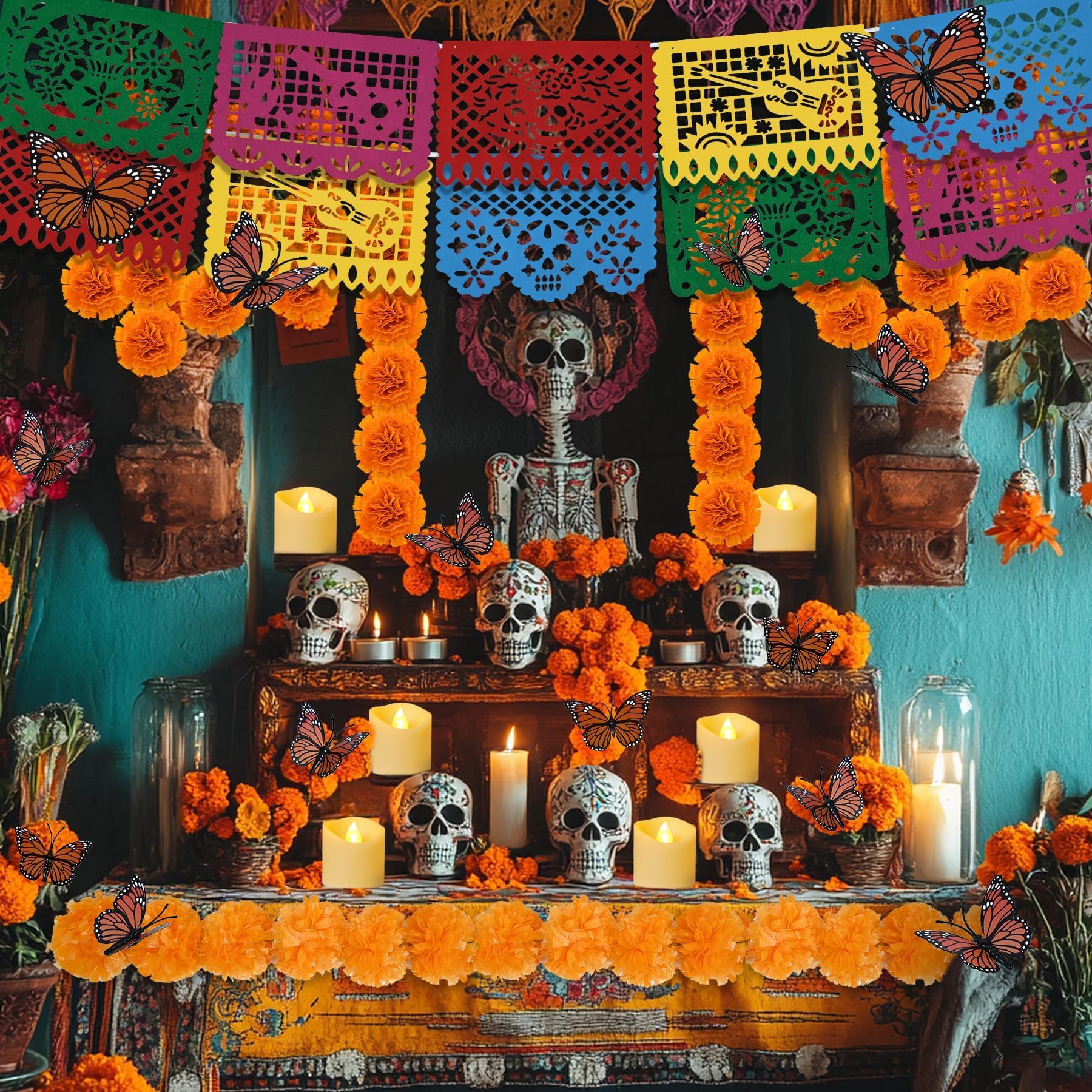 Day of the Dead Dekorationsset beinhaltet 2 Ringelblumen-Girlanden, 50 Ringelblumenblumen, 24 Schmetterlings-Dekor, 6 flammenlose Kerzen und 4,6 m mexikanische Partybanner für Dia De Los Muertos