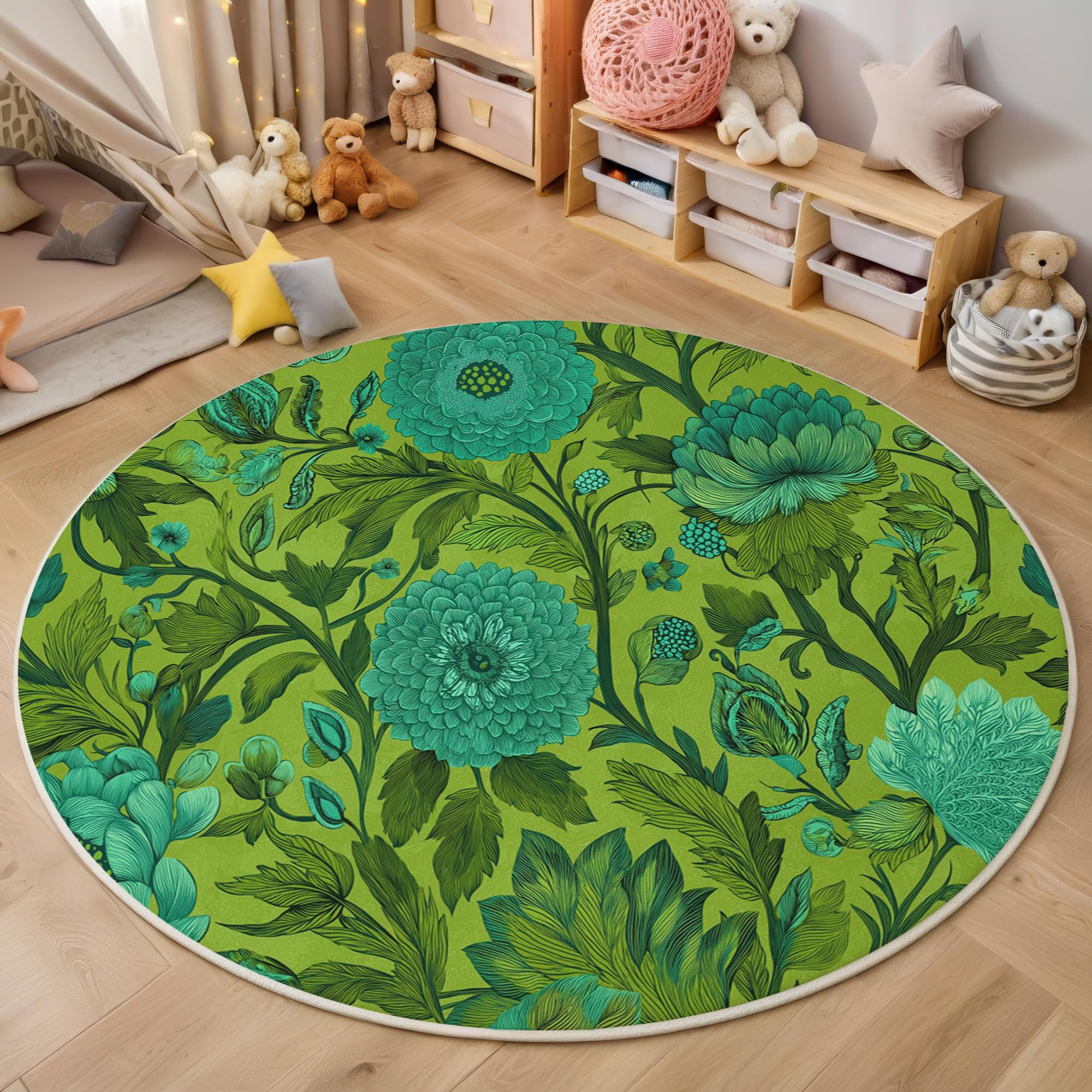 Tapis rond fleurs rétro 60cm lavable antidérapant salon vert