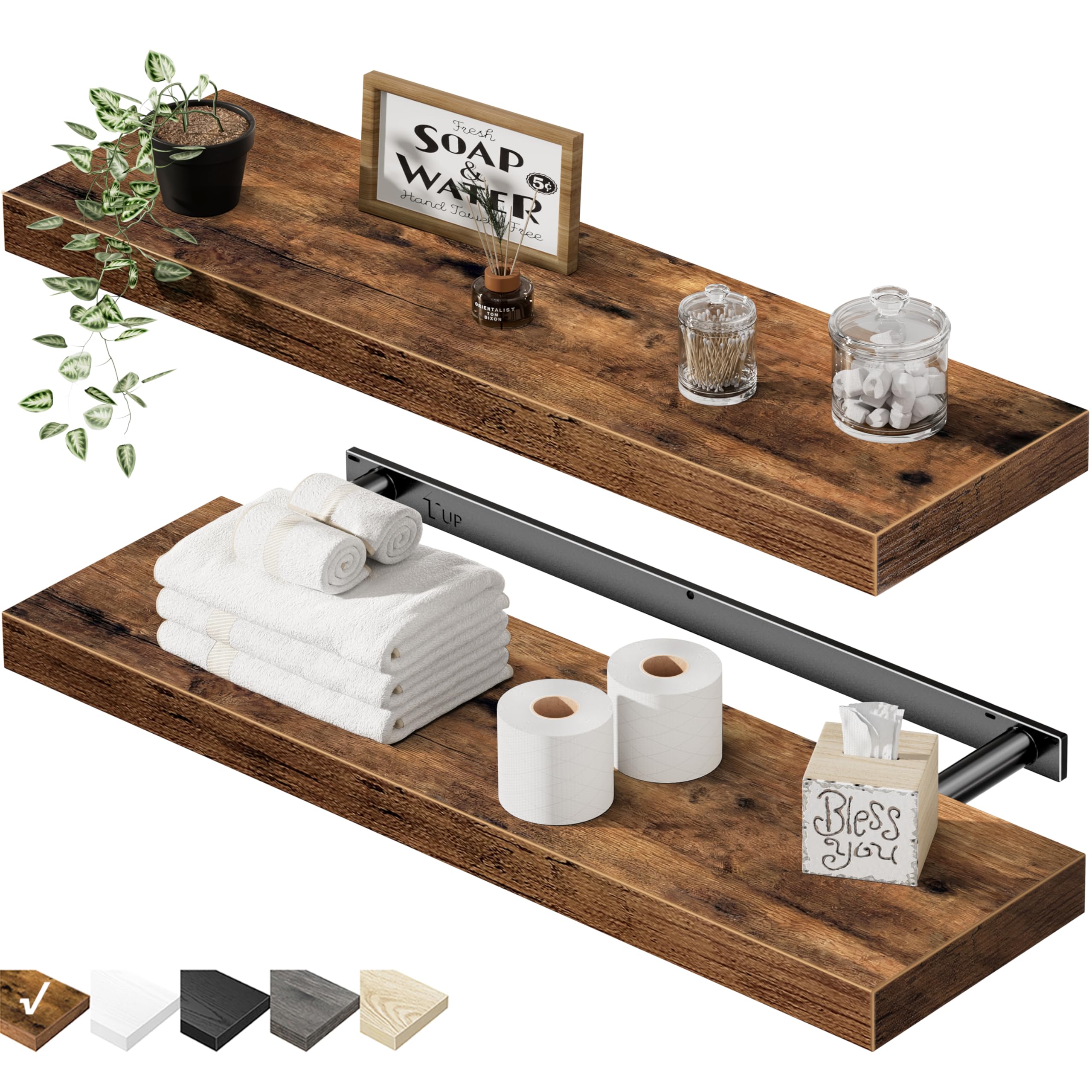 QEEIG Floating Shelves for Wall 23.6" Long - Wall Mounted Shelf Bathroom Kitchen Living Room Bedroom Farmhouse Home Decor Display Bookshelf Large 23.6 x 9.3 inch Set of 2, Rustic Brown (008-60BN)