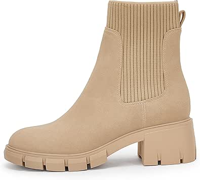 Ruanyu Womens Platform Ankle Boots Elastic Chunky Block Heel Chelsea Booties Lug Sole Non-Slip Combat Shoes