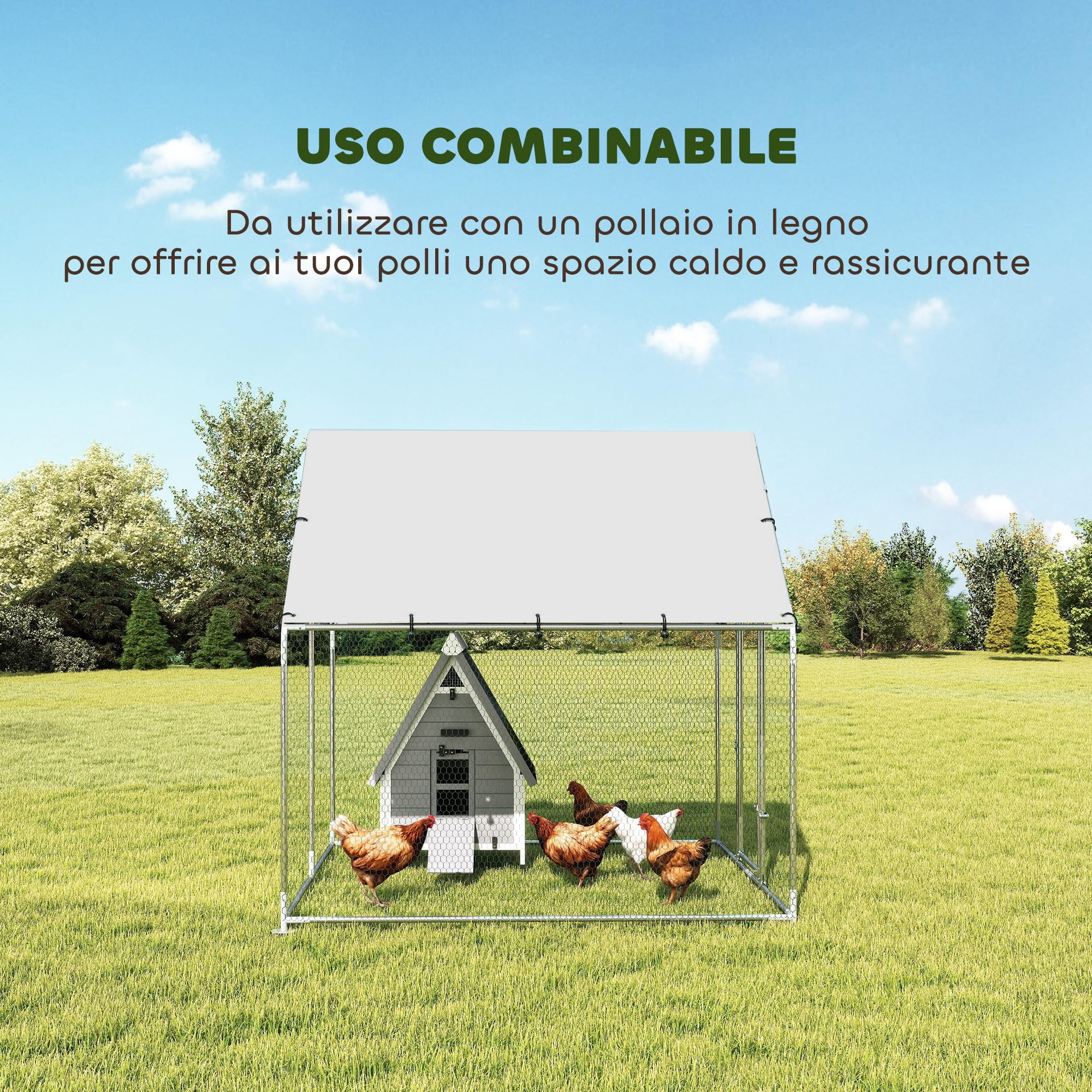 PawHut Pollaio per Galline da Esterno, 2x2x2m 4 m² Recinto Galline in Acciaio Zincato con Tetto Impermeabile Anti-UV e Serratura, Gabbia per 4-6 Polli, Piccoli Animali, Conigli e Anatre