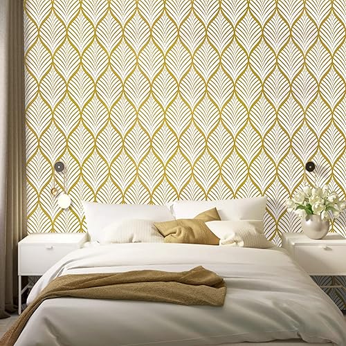 Miniatura 2 de WENMER Papel tapiz dorado de 17.7 pulgadas x 1181 pulgadas, papel tapiz geométrico bohemio dorado y blanco, papel tapiz de hojas autoadhesivo,