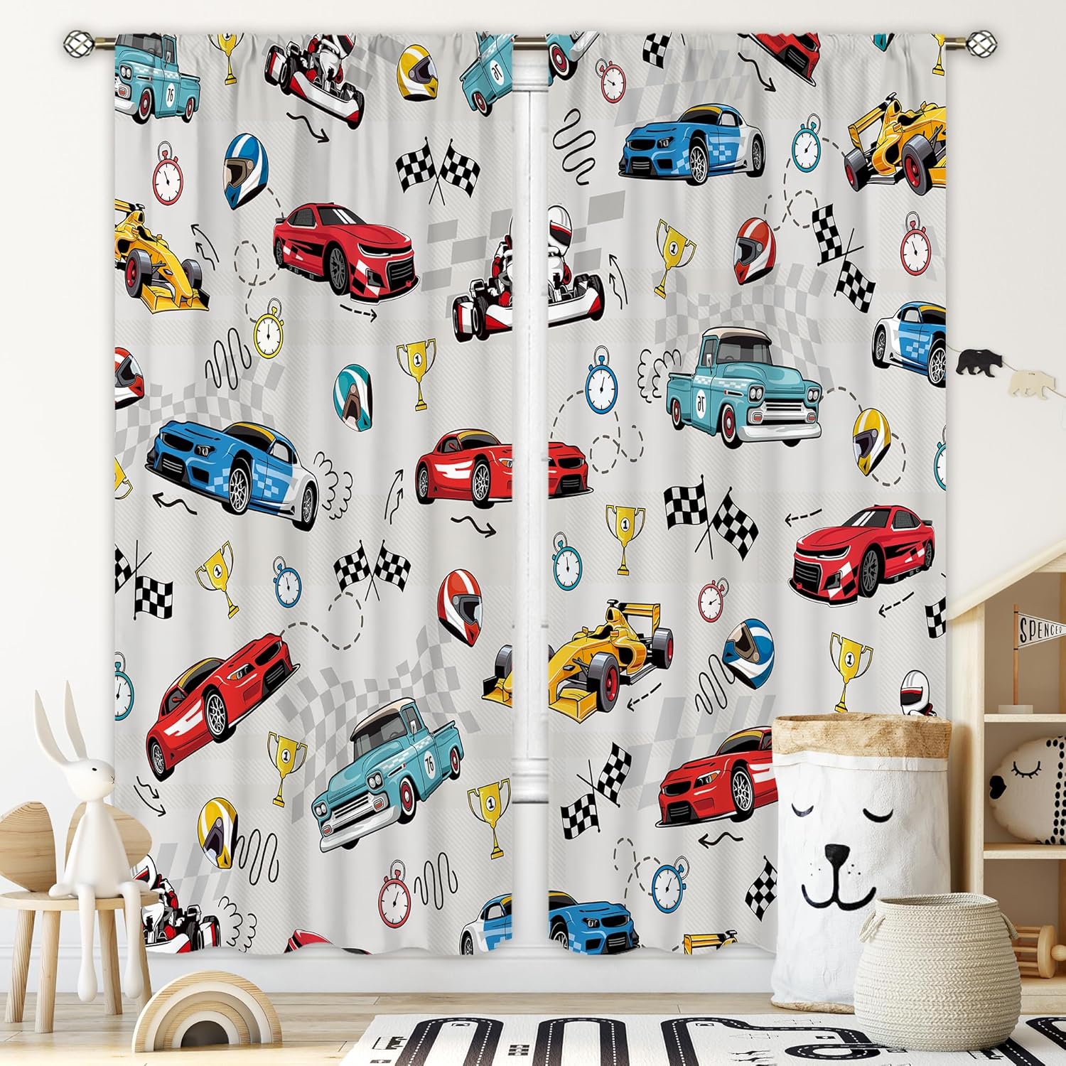 Cinbloo Race Car Curtains 52Wx84H Inch Rod Pocket Grey Gray Sports Racing Cartoon Car Cute Checkered Pattern Flag Cool Children Art Printed Kids Living Room Bedroom Window Drapes Treatment 2 Panels