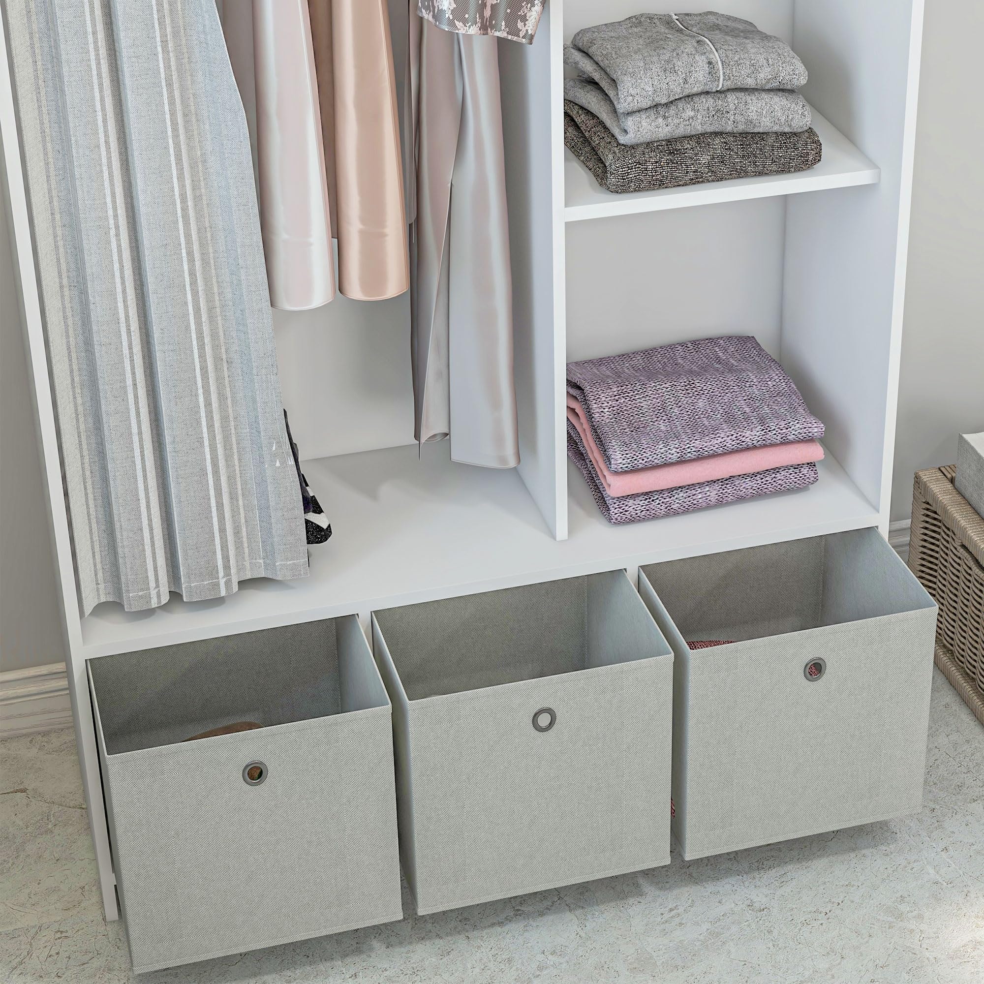 HOMCOM Armoire penderie, Dressing avec Rideau, Armoire Chambre vêtement, Garde-Robe avec Tringle, 3 Compartiments et 3 tiroirs en Tissu Amovibles - 105 x 48 x 160 cm, Blanc