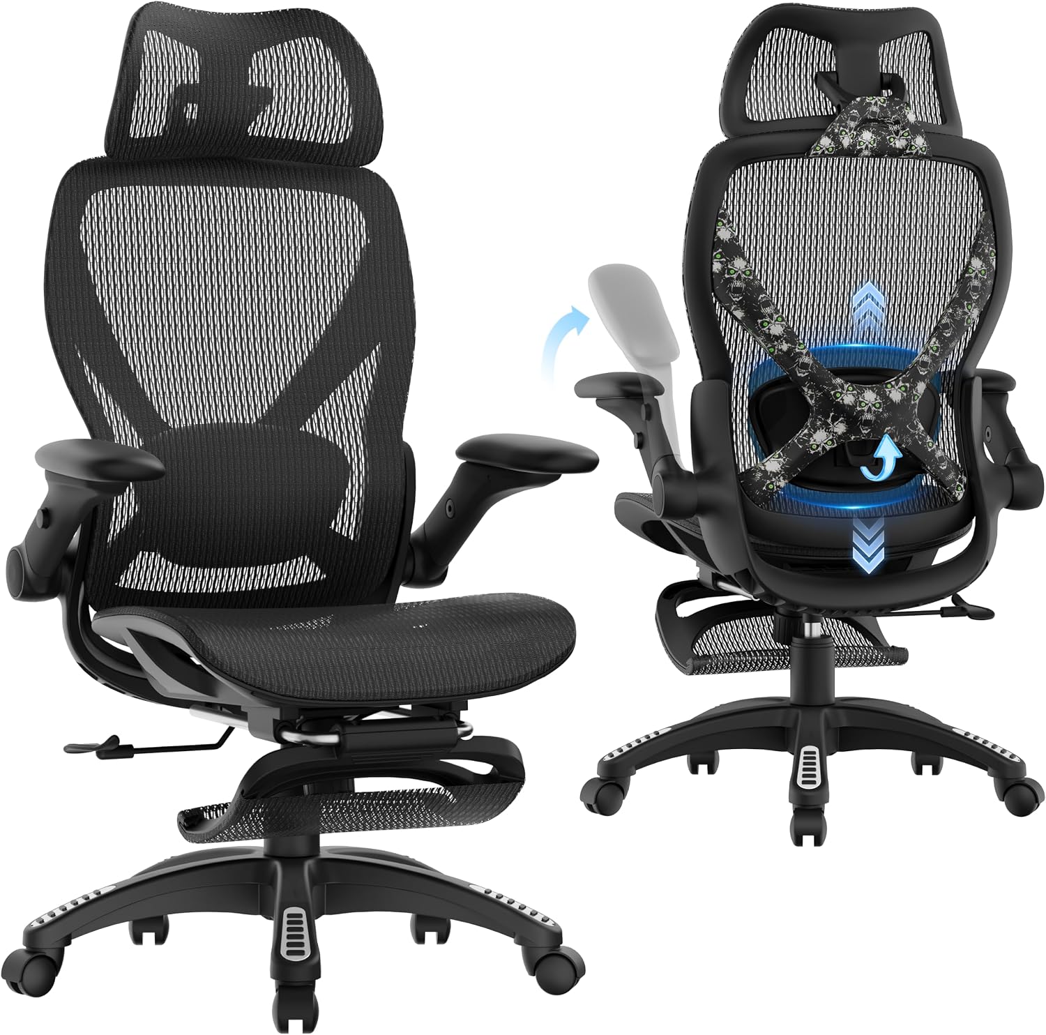 ELABEST X100 Ergonomic Mesh Office Chair with Footrest, Big and Tall Home Desk Chair with 5D Flip-Up Arms, Adjustable 3D Lumbar Support, Gaming & Executive Computer Chair, Night Reaper